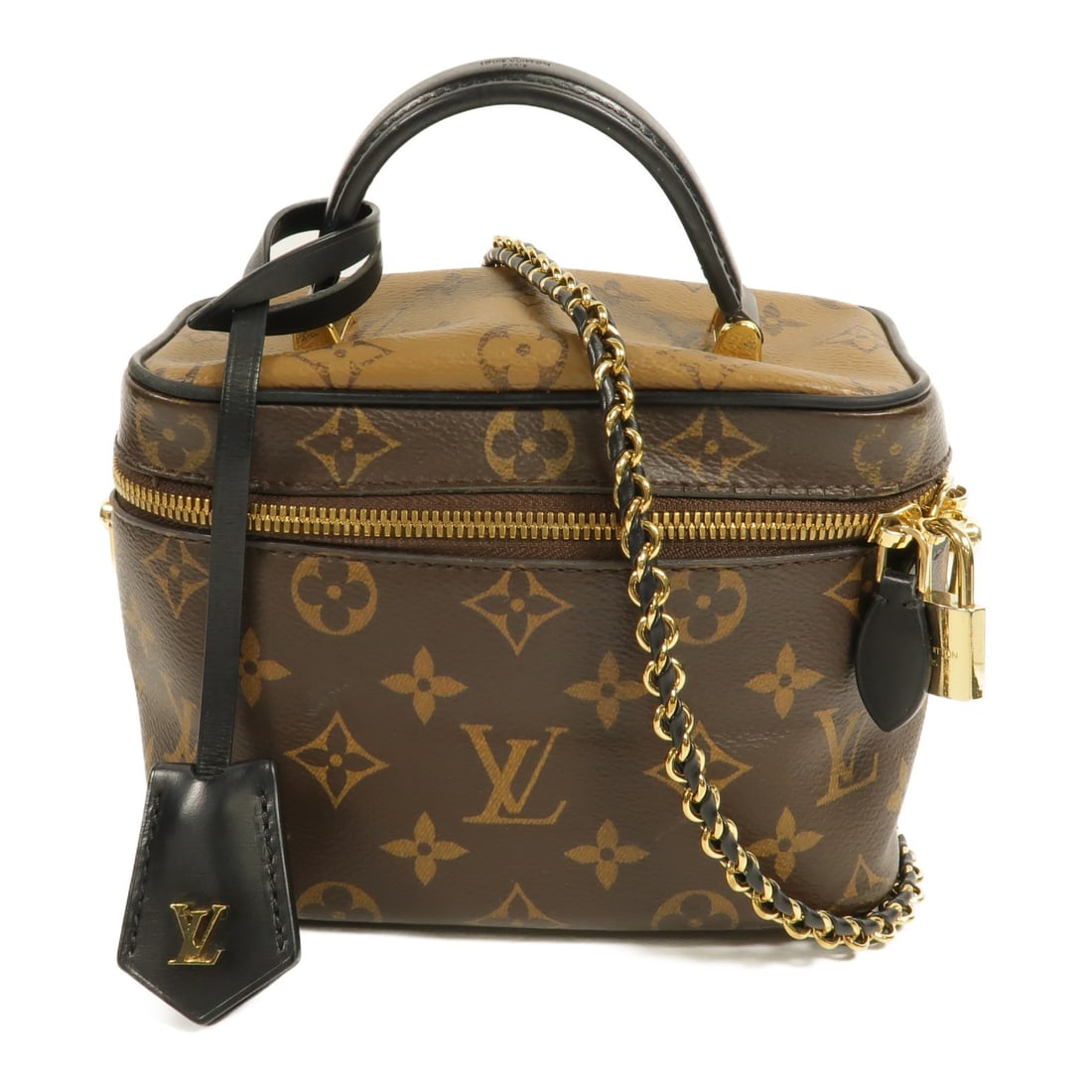 Louis Vuitton M45165 Vanity PM 2 Way Bag Monogram Reverse Brown: Louis Vuitton M45165 Vanity PM 2 Way Bag Monogram Reverse Brown Louis Vuitton Vanity PM 2-way shoulder bag in Monogram Reverse PVC coated canvas with a brown exterior. This women's bag features a