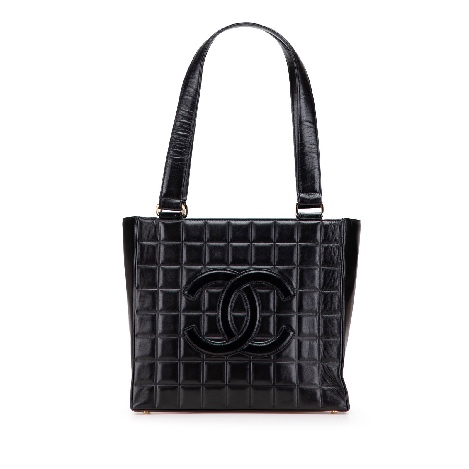 Chanel CC Chocolate Bar Black Lambskin Tote Bag Made in Italy: Chanel CC Chocolate Bar Black Lambskin Tote Bag Made in Italy This Chanel CC Chocolate Bar Tote is crafted from luxurious quilted lambskin leather, showcasing a sophisticated black hue. It features