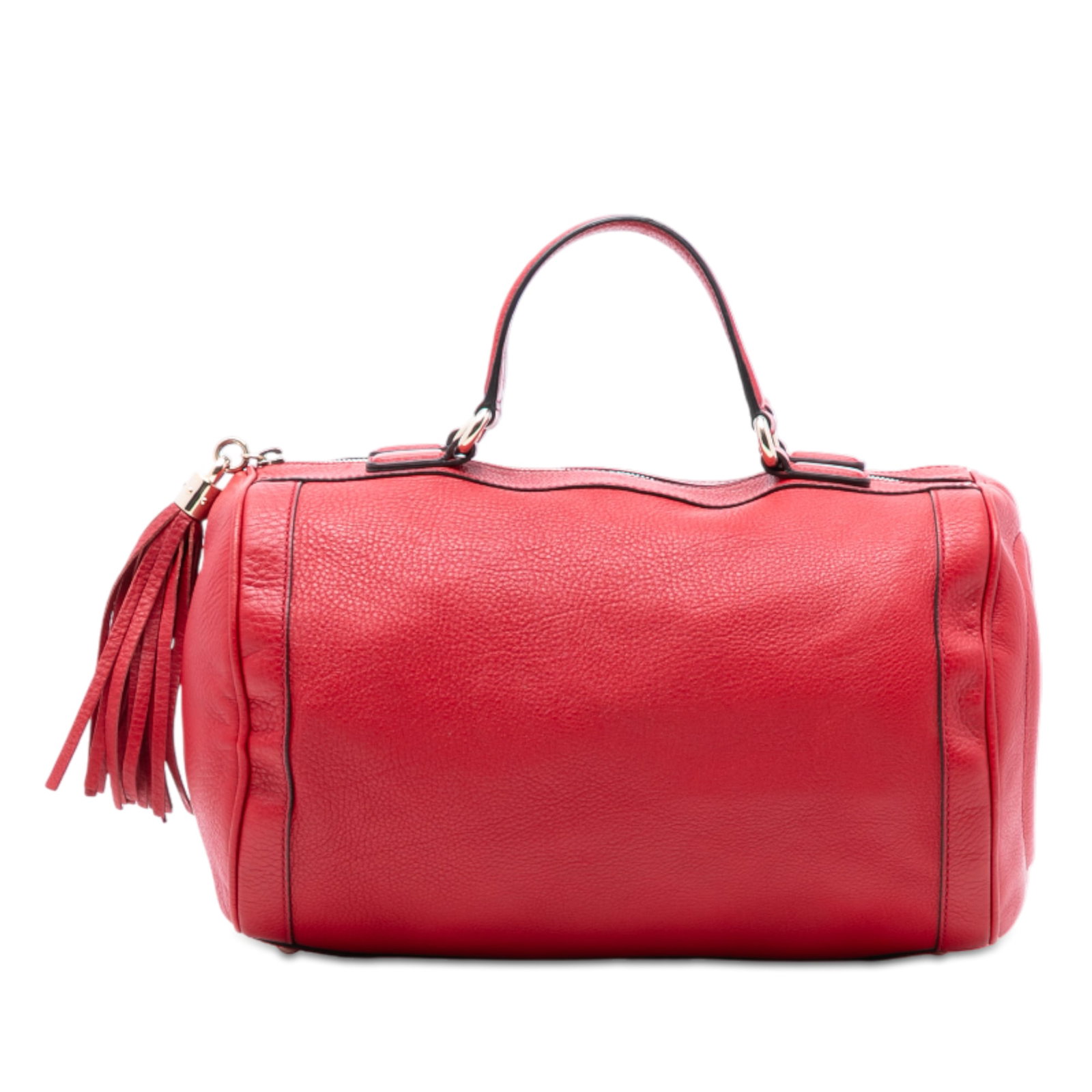 Gucci Soho Boston Medium Red Pebbled Leather Handbag with Tassel Detail: Gucci Soho Boston Medium Red Pebbled Leather Handbag with Tassel Detail This Gucci Medium Pebbled Calfskin Soho Boston Bag features a red pebbled leather body with flat leather handles and a top zip c