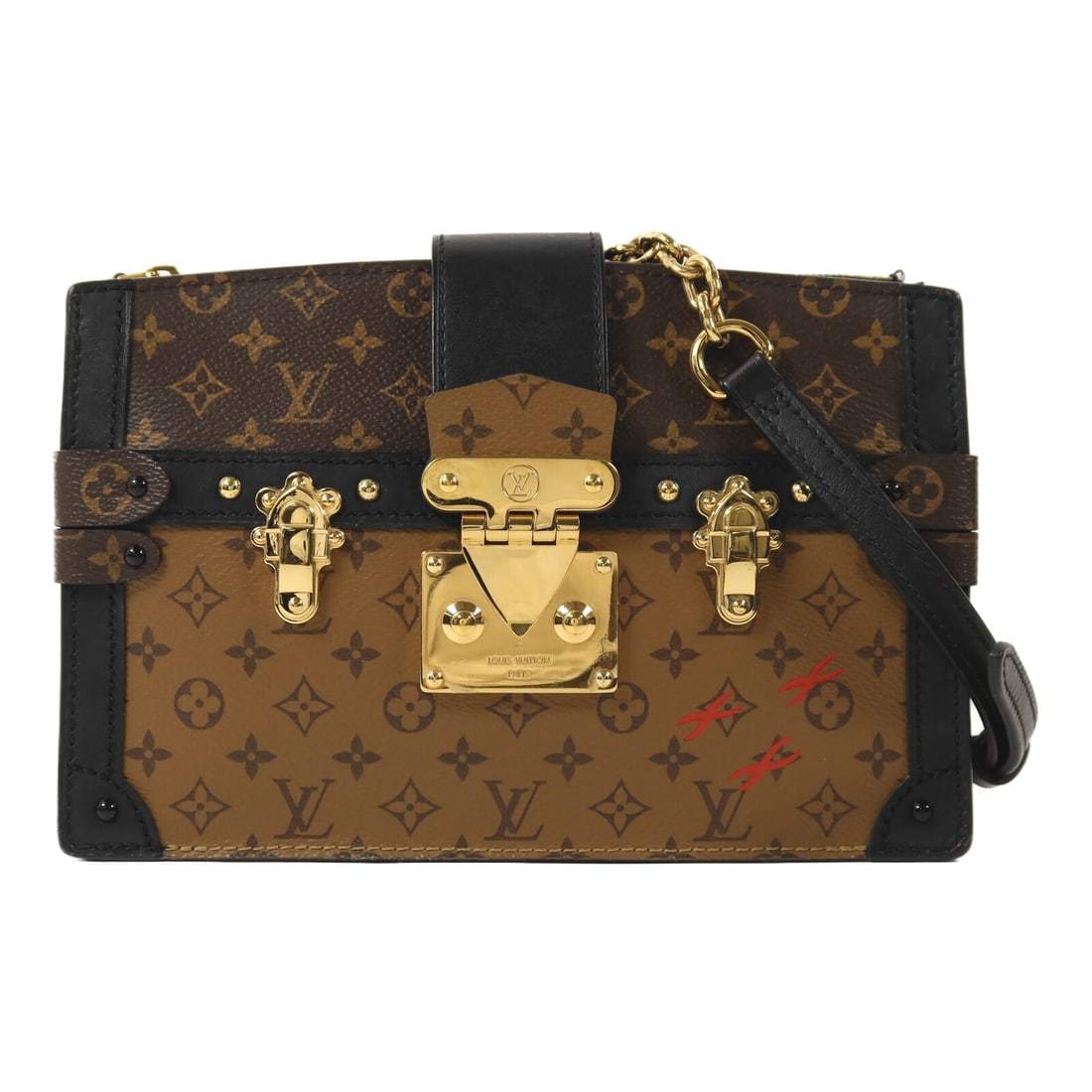 Louis Vuitton M43596 Trunk Clutch Chain Shoulder Bag Monogram Reverse Brown: Louis Vuitton M43596 Trunk Clutch Chain Shoulder Bag Monogram Reverse Brown Louis Vuitton trunk clutch chain shoulder bag in brown Monogram Reverse PVC coated canvas. This women's shoulder bag feature
