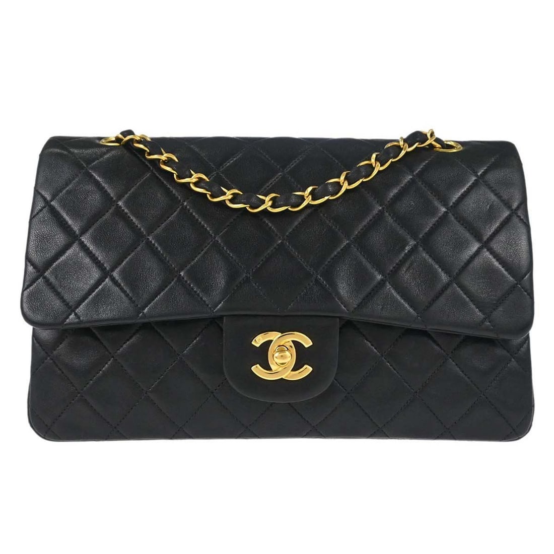 CHANEL Classic Double Flap Medium Shoulder Bag Black Lambskin: CHANEL Classic Double Flap Medium Shoulder Bag Black Lambskin Chanel Medium Classic Double Flap shoulder bag in black lambskin leather with a turn-lock closure and shoulder strap. This women's bag fea