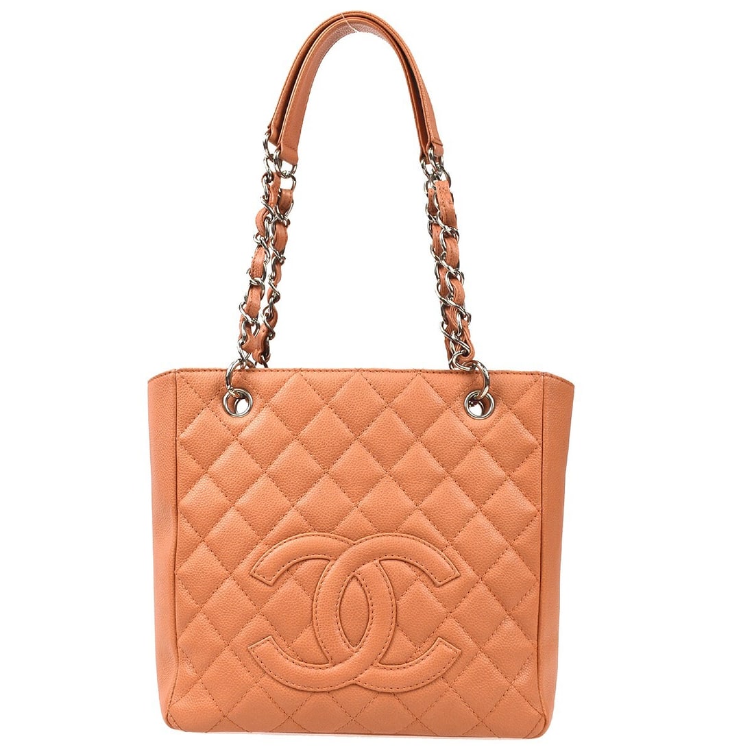 CHANEL Petite Shopping Tote pink caviar leather chain tote bag: CHANEL Petite Shopping Tote pink caviar leather chain tote bag Vintage Chanel Petite Shopping Tote PST in salmon pink caviar skin leather with quilted detailing and silver-tone hardware. This women's 