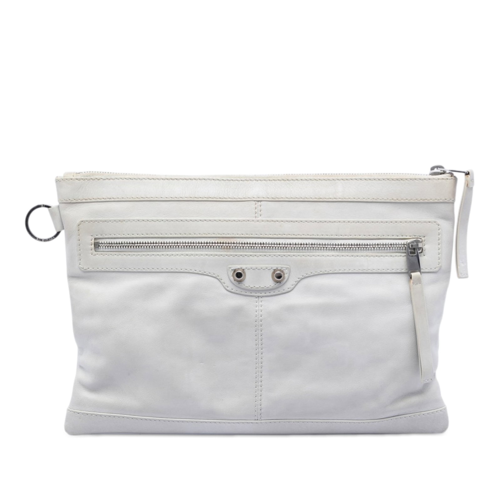 Balenciaga Classic Clip M Motocross Lambskin Leather Clutch: Balenciaga Classic Clip M Motocross Lambskin Leather Clutch Balenciaga Lambskin Motocross Classic Clip M Clutch in white lambskin leather. This clutch features a top zip closure and an exterior front 