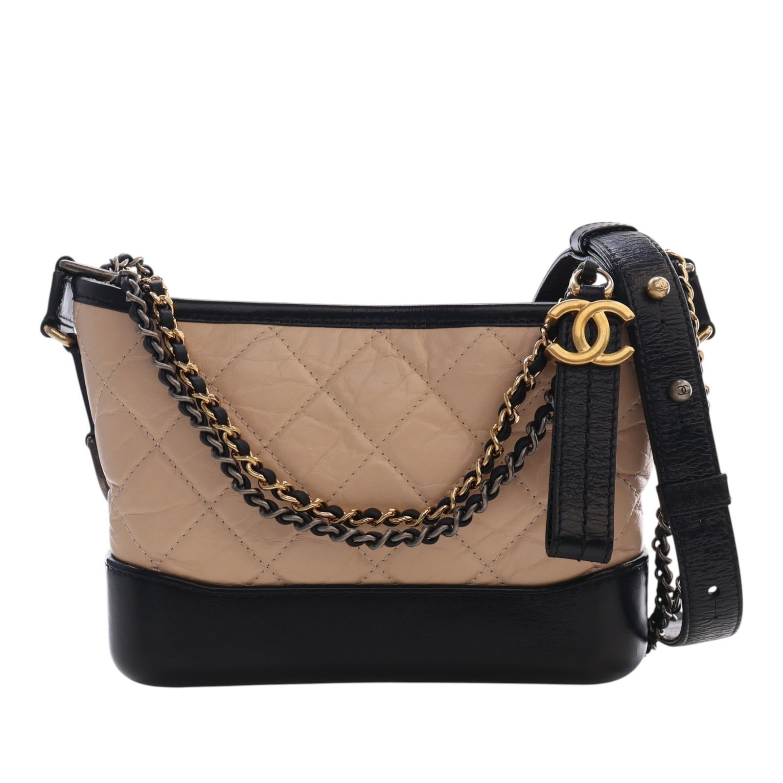 Chanel Gabrielle Small Hobo in Bicolor Quilted Aged Calfskin: Chanel Gabrielle Small Hobo in Bicolor Quilted Aged Calfskin A Chanel Gabrielle Hobo in small size, crafted in bicolor quilted aged calfskin leather. This bag features leather-woven chain shoulder str