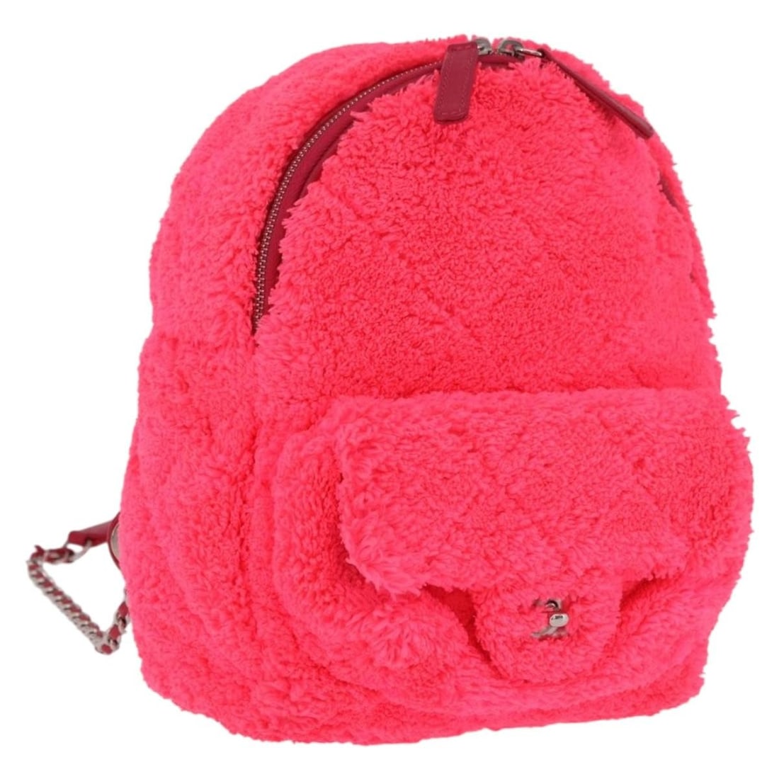 CHANEL Matelasse Chain Backpack Pink Pile Silver Tone Italy: CHANEL Matelasse Chain Backpack Pink Pile Silver Tone Italy Chanel Matelasse chain backpack in pink and silver pile with a compact silhouette and signature styling. Includes a dust bag and guarantee c