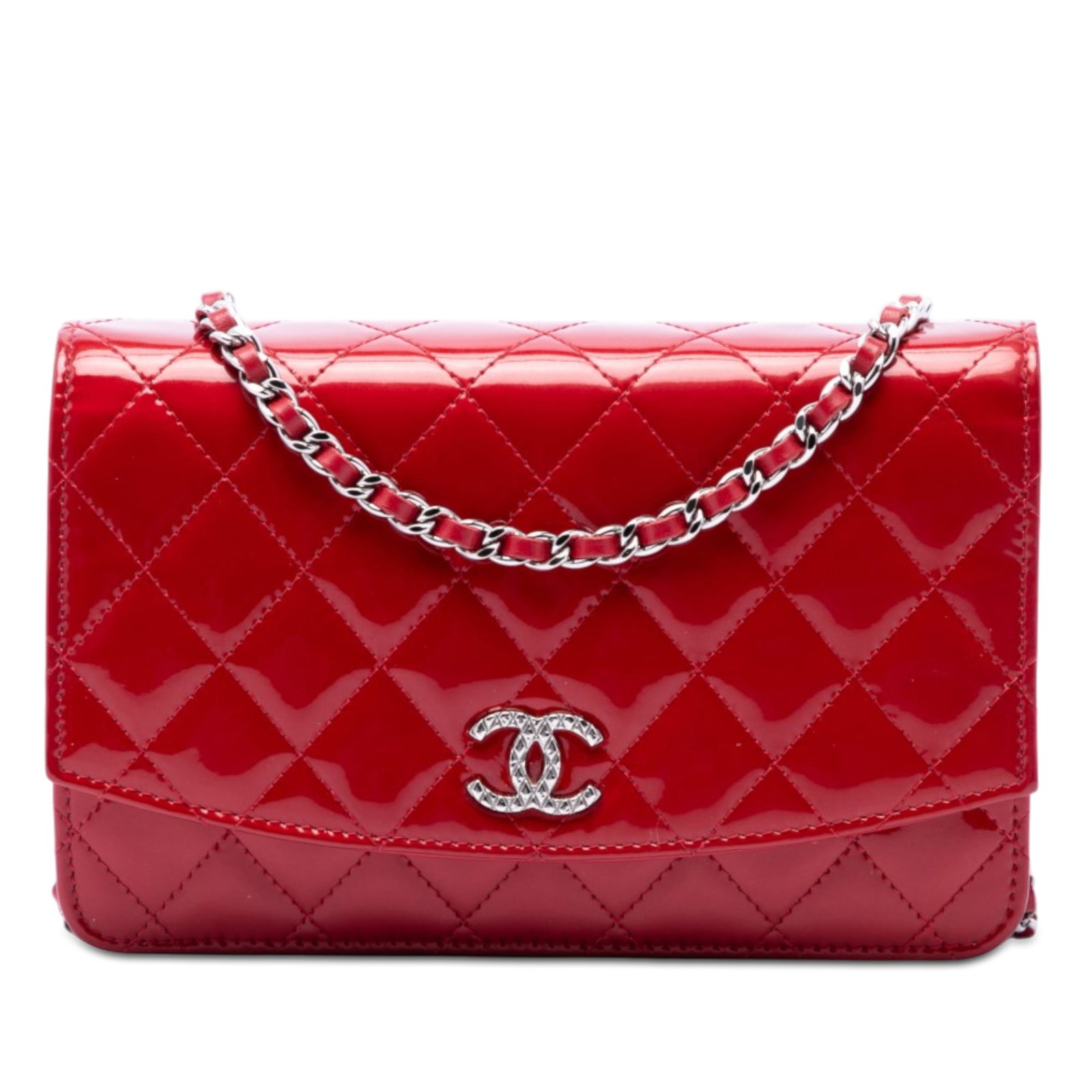 Chanel Brilliant Wallet On Chain Red Quilted Patent Leather Bag: Chanel Brilliant Wallet On Chain Red Quilted Patent Leather Bag A Chanel Brilliant Wallet on Chain crafted in red quilted patent leather. This compact shoulder bag features the signature CC design, a 