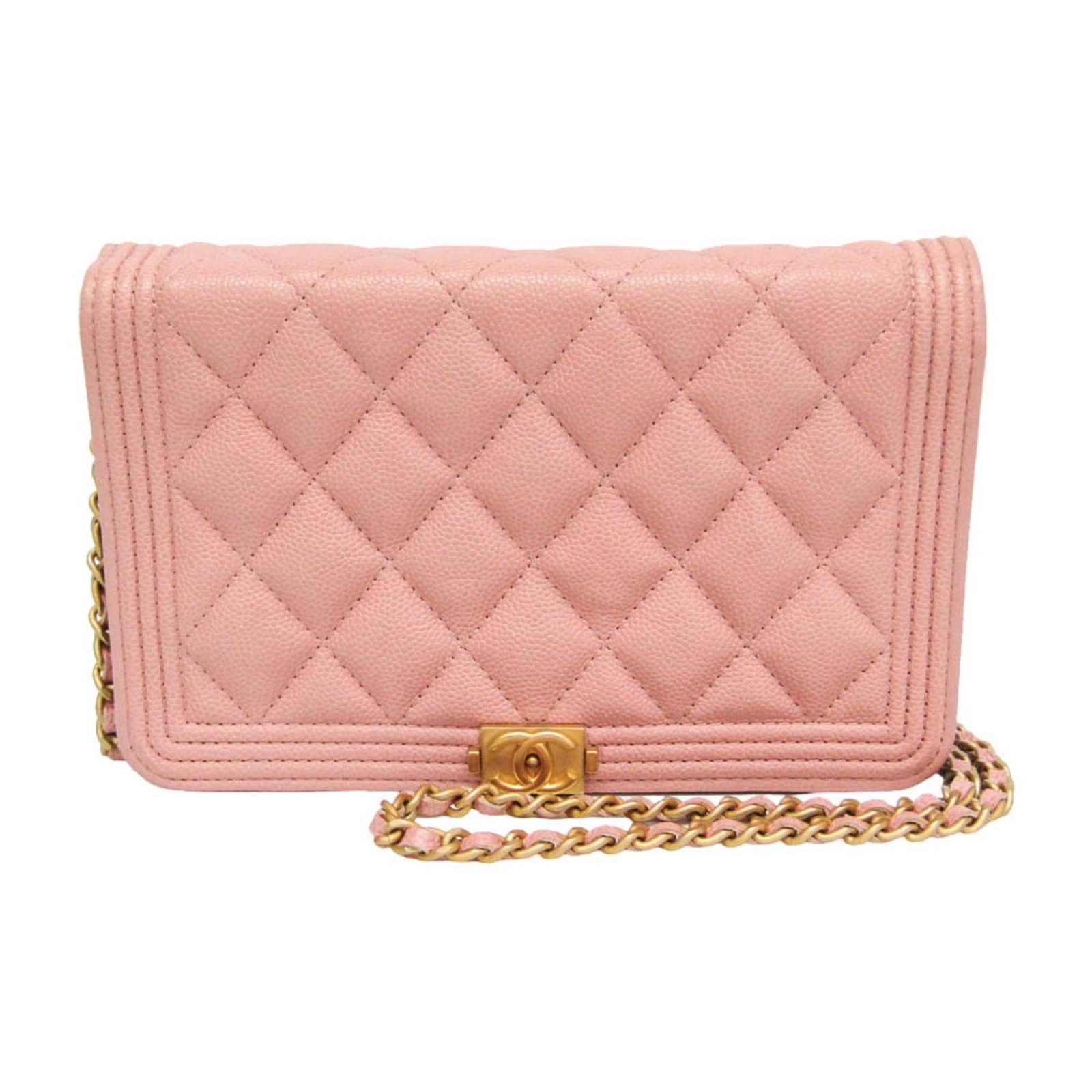 Chanel Boy Wallet on Chain Pink Calfskin Handbag: Chanel Boy Wallet on Chain Pink Calfskin Handbag Chanel Boy Wallet on Chain in pink with a quilted design. This women's bag is made of calfskin and remains in good overall condition, showing light sur
