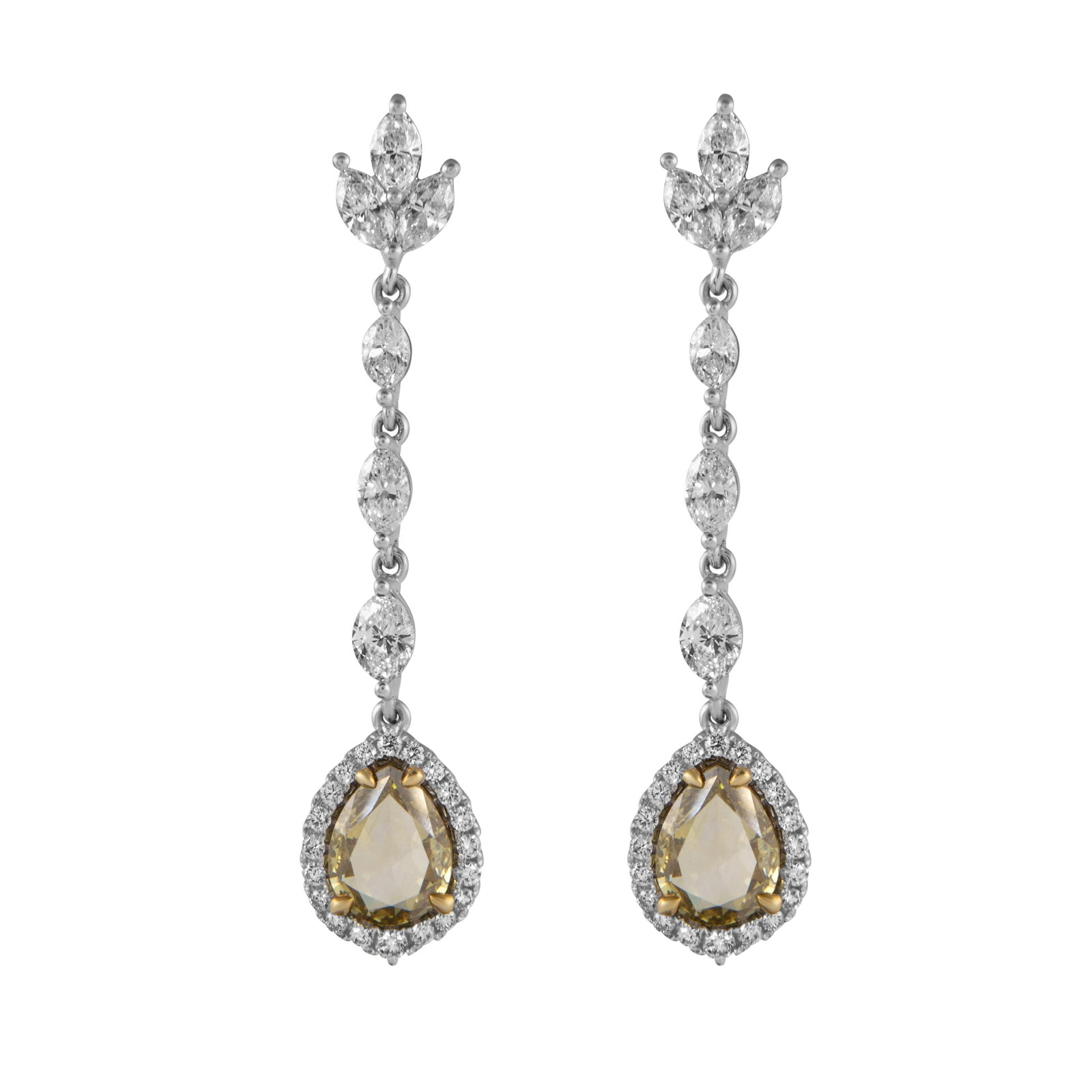 18k Gold Drop Earrings with GIA 6.12ct Yellow Diamonds: 18k Gold Drop Earrings with GIA 6.12ct Yellow Diamonds GIA certified natural yellow diamond drop earrings in 18k white and yellow gold, featuring pear cut yellow diamonds accented by marquise and roun