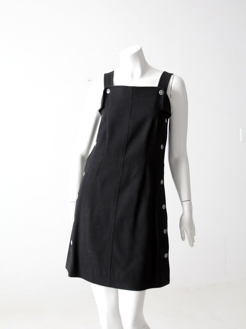 1970s Courreges Vintage Black Wool Blend Jumper Dress Mod Style: 1970s Courreges Vintage Black Wool Blend Jumper Dress Mod Style Elevate your wardrobe with this stunning vintage 1970s Courreges black wool blend jumper dress, a standout piece from our Stylist Collec