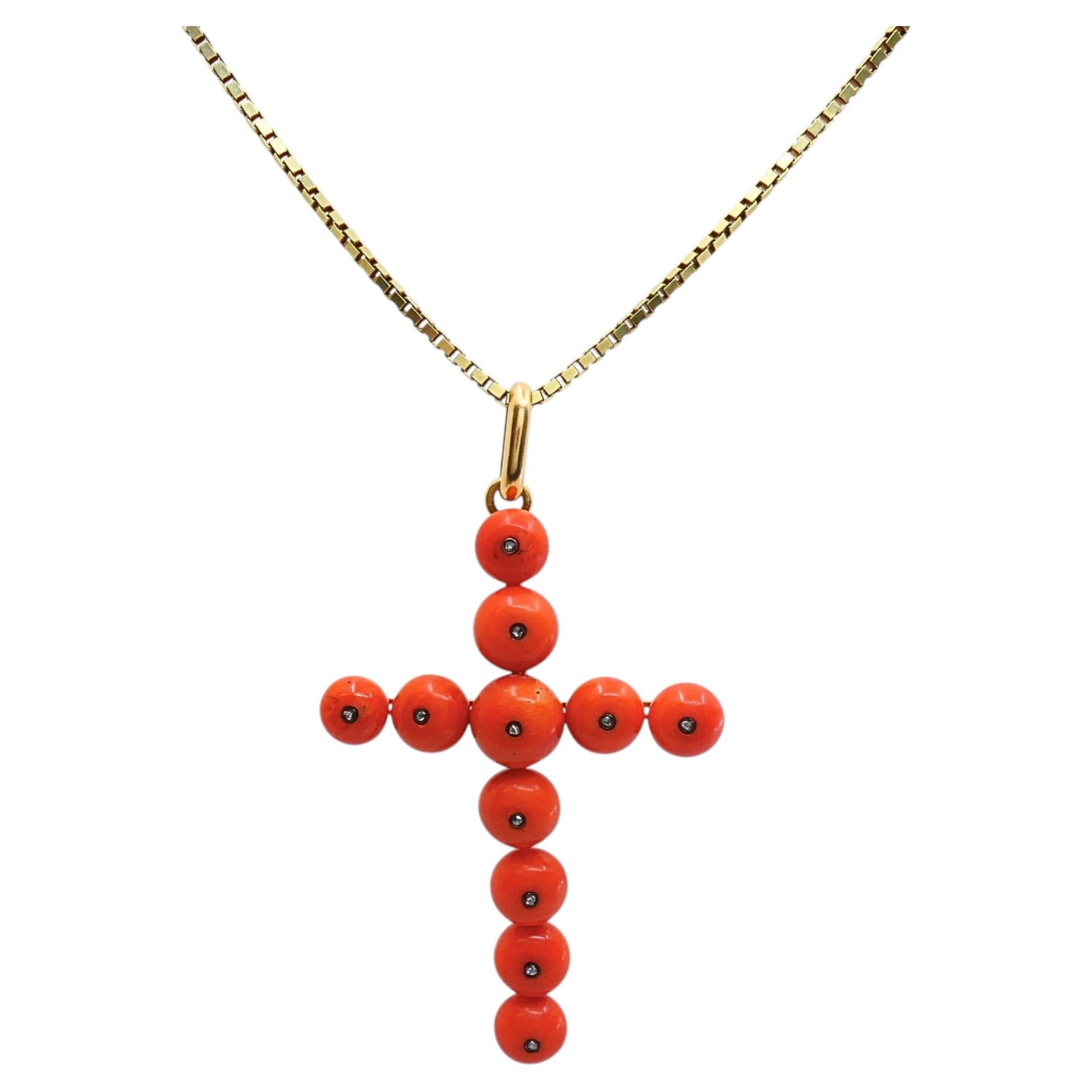 Set of 2 18k coral cross pendant with 14k gold chain: Set of 2 18k coral cross pendant with 14k gold chain Victorian cross pendant necklace set featuring an 18k gold pendant with polished round coral beads in a traditional cross design, each centered wit