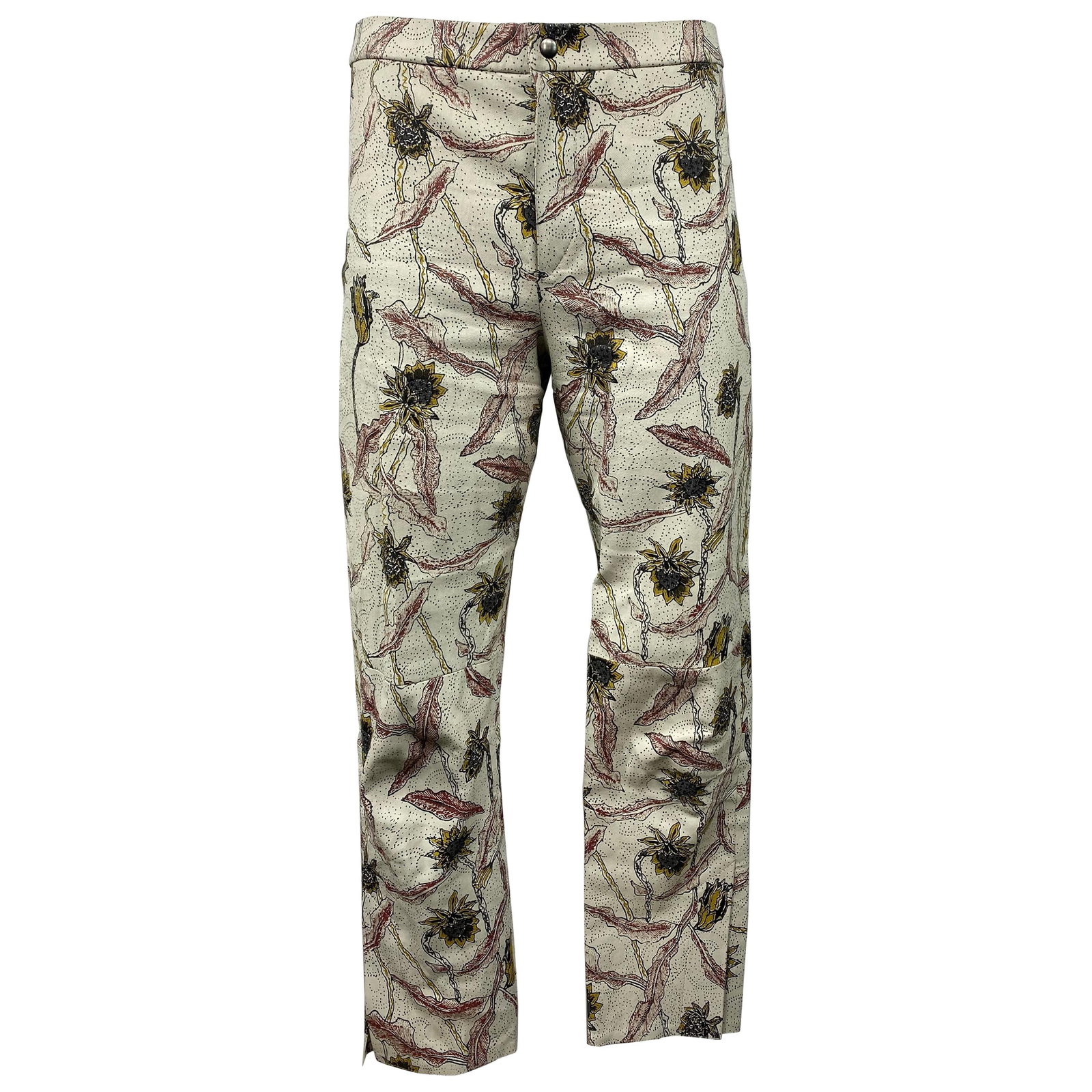 Isabel Marant floral lambskin pants white multicolor EU 38: Isabel Marant floral lambskin pants white multicolor EU 38 White and multicolor leather pants by Isabel Marant, made from 100% lambskin leather. They feature a floral print, straight leg fit, front bu