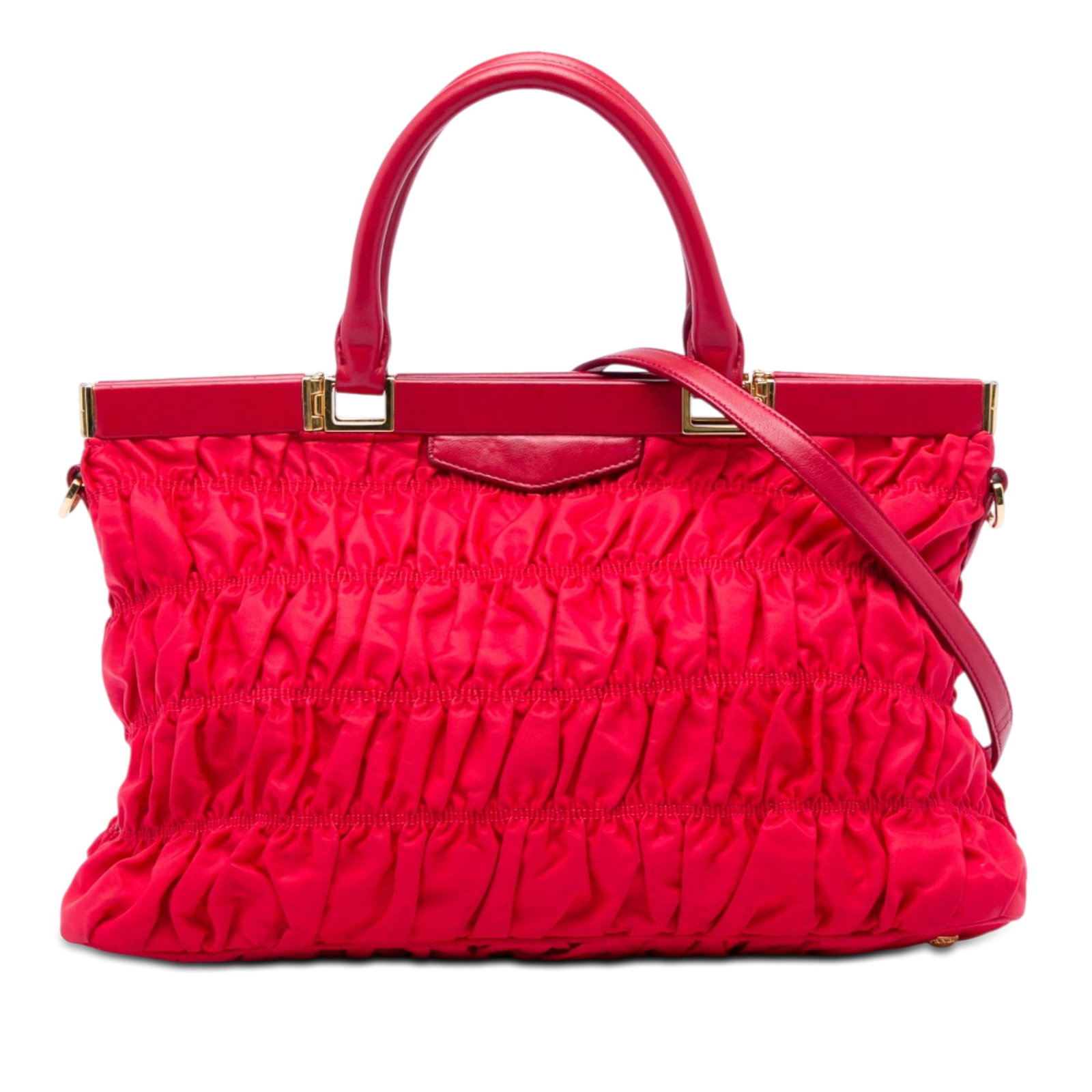 Prada Tessuto Gaufre Red Nylon Frame Satchel Bag: Prada Tessuto Gaufre Red Nylon Frame Satchel Bag Prada Tessuto Gaufre Frame Satchel in red with a gathered fabric body, rolled leather handles, and a detachable, adjustable flat leather strap. The fra