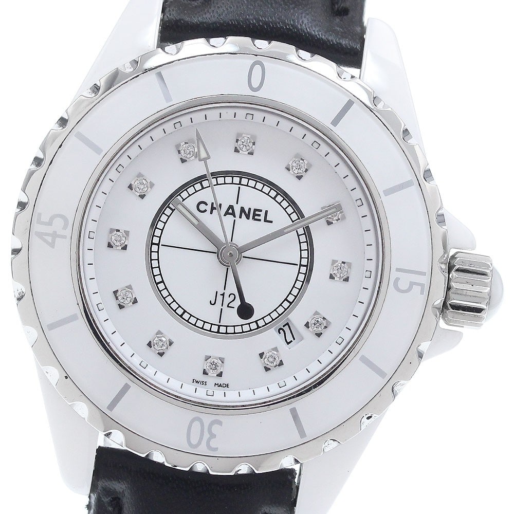 CHANEL J12 H1628 White Ceramic Quartz Womens Watch Aftermarket Strap: CHANEL J12 H1628 White Ceramic Quartz Womens Watch Aftermarket Strap CHANEL J12 women's wristwatch with a white dial, quartz movement, and date display. This reference H1628 features a ceramic and sta