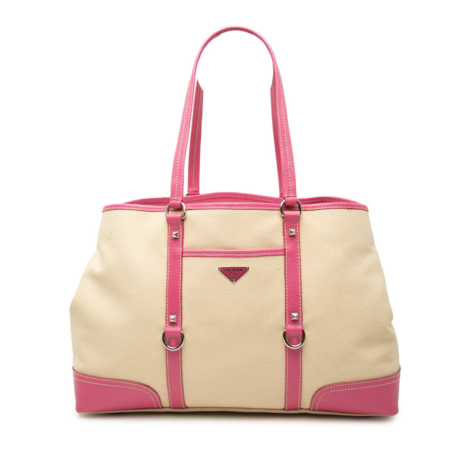 Prada Studded Canvas Tote Bag with Leather Trim Front Pocket: Prada Studded Canvas Tote Bag with Leather Trim Front Pocket Prada tote bag crafted with a canvas body and leather trim, featuring studded detailing, flat leather handles, an open top with magnetic sn