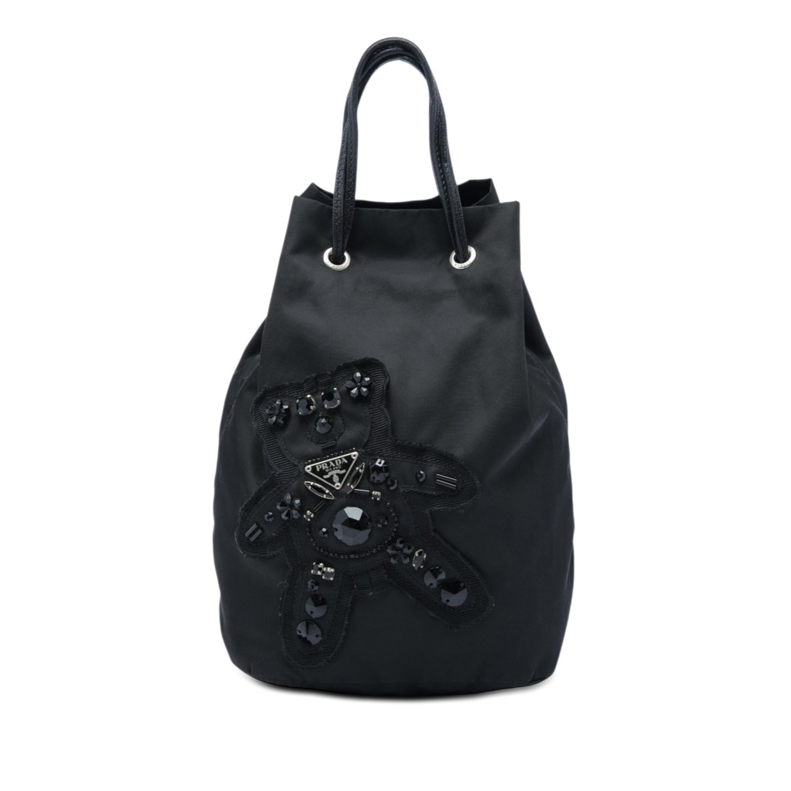 Prada Tessuto Evening Bear Beaded Bucket Bag Drawstring Black: Prada Tessuto Evening Bear Beaded Bucket Bag Drawstring Black Prada Beaded Tessuto Evening Bear Drawstring Bucket Bag in black. This bucket-style bag features a beaded fabric body, a flat leather wris