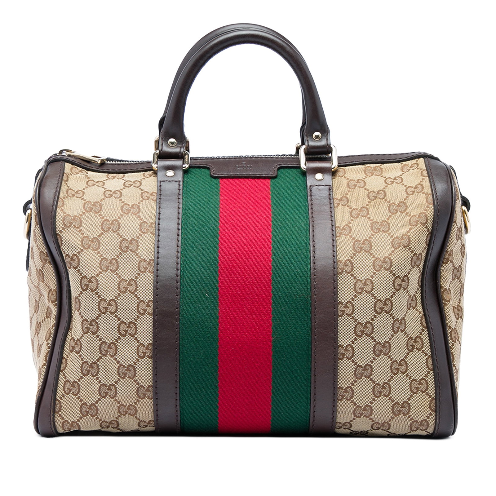 Gucci Joy Boston Satchel Medium GG Canvas Web Stripe: Gucci Joy Boston Satchel Medium GG Canvas Web Stripe Gucci Medium GG Canvas Web Joy Boston Bag with a beige canvas body, leather trim, and web detail. This satchel features rolled leather handles, a t