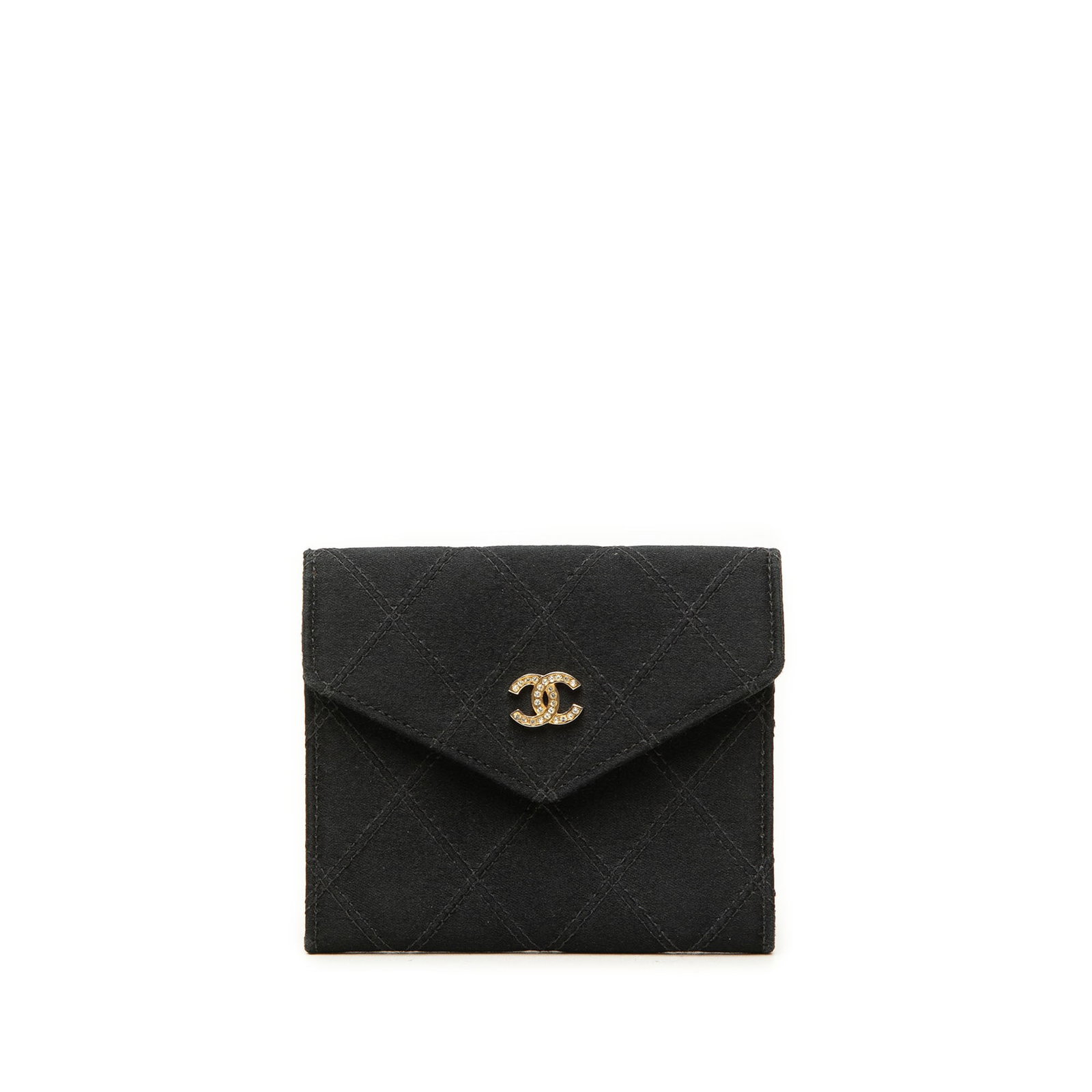 Chanel CC flap coin pouch in black quilted satin: Chanel CC flap coin pouch in black quilted satin A Chanel CC satin flap coin pouch in black with a quilted fabric body, front flap, snap button closure, and interior slip pockets. Made in France, this
