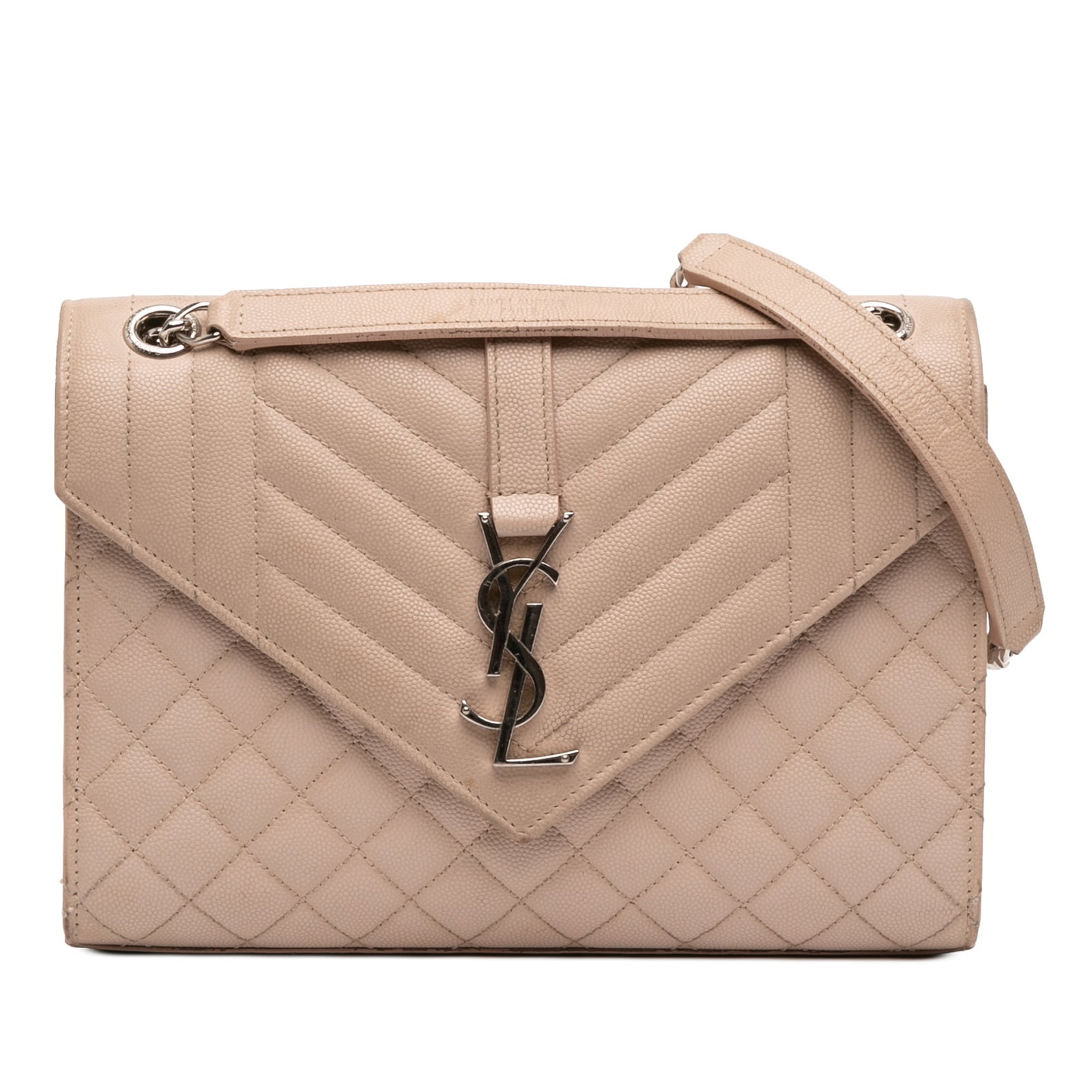Saint Laurent Envelope Shoulder Bag in Brown Quilted Leather: Saint Laurent Envelope Shoulder Bag in Brown Quilted Leather Saint Laurent Medium Grain De Poudre Triquilt Monogram Envelope Bag in brown quilted leather. This shoulder bag features chain link shoulde