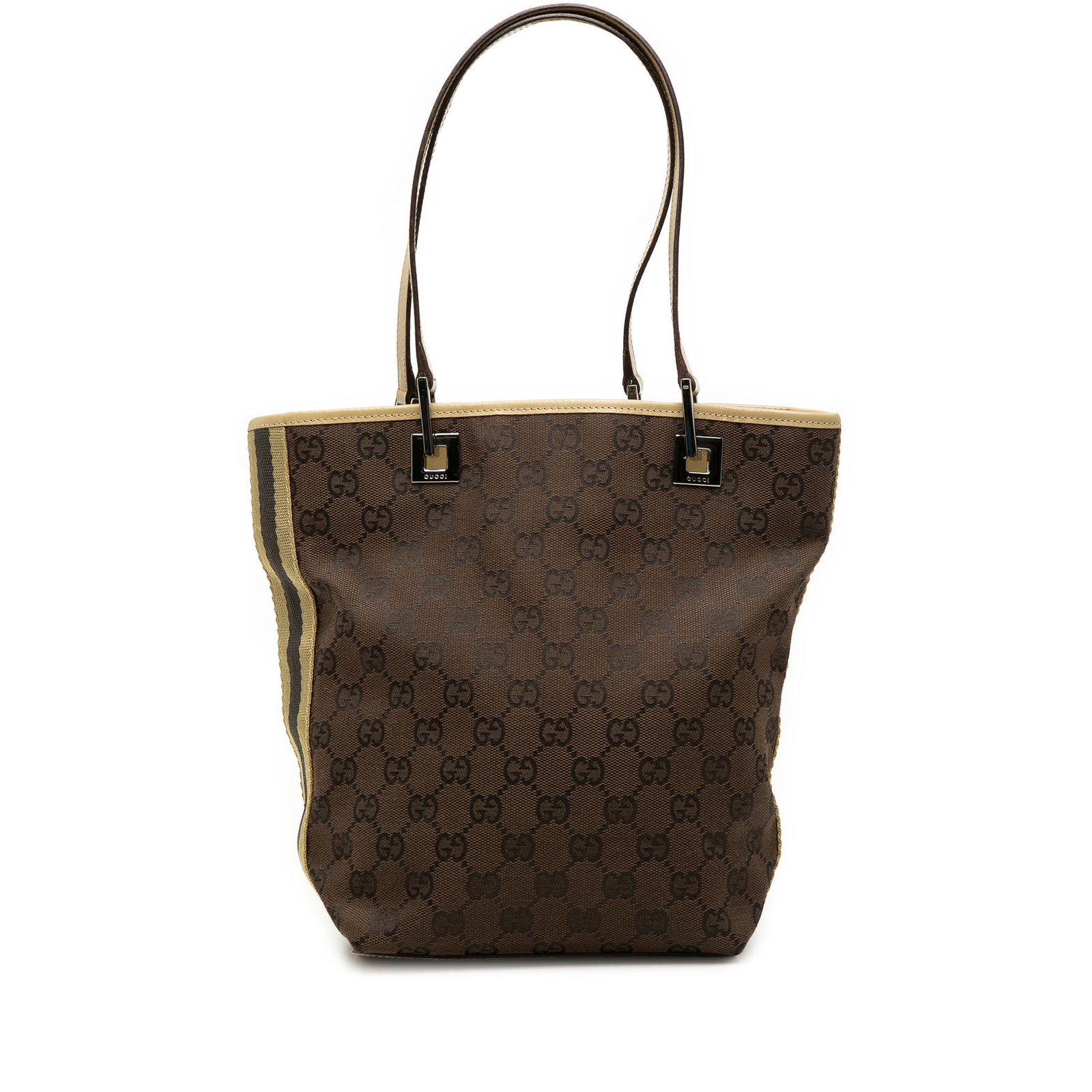 Gucci GG Canvas Shoulder Bag with Web Stripe Brown: Gucci GG Canvas Shoulder Bag with Web Stripe Brown Gucci GG Canvas Web Shoulder Bag crafted with a canvas body, leather trim, and web detailing. The bag features flat leather straps, an open top, and 