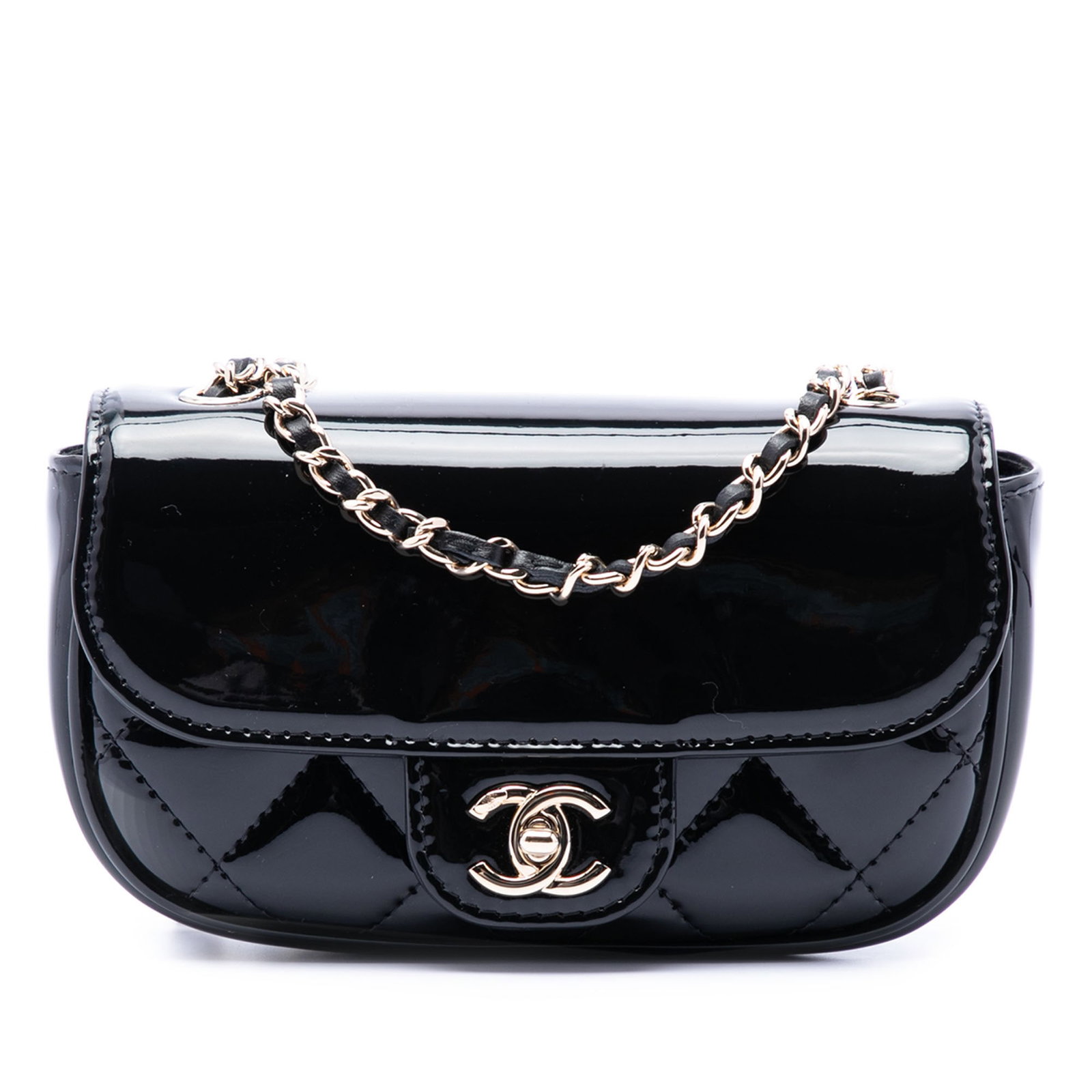 Chanel Mini CC Patent Leather Crossbody Flap Bag: Chanel Mini CC Patent Leather Crossbody Flap Bag This Chanel Mini CC Quilted Patent Single Flap crossbody bag is crafted from black patent leather and features a leather-woven chain strap, a front fla