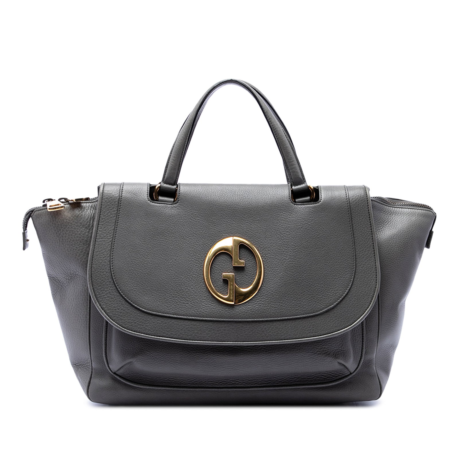 Gucci 1973 Medium Calfskin Leather Handbag Gray: Gucci 1973 Medium Calfskin Leather Handbag Gray A Gucci Medium Calfskin 1973 handbag in gray leather with flat handles, a front flap with magnetic closure, a top zip closure, and interior zip and slip