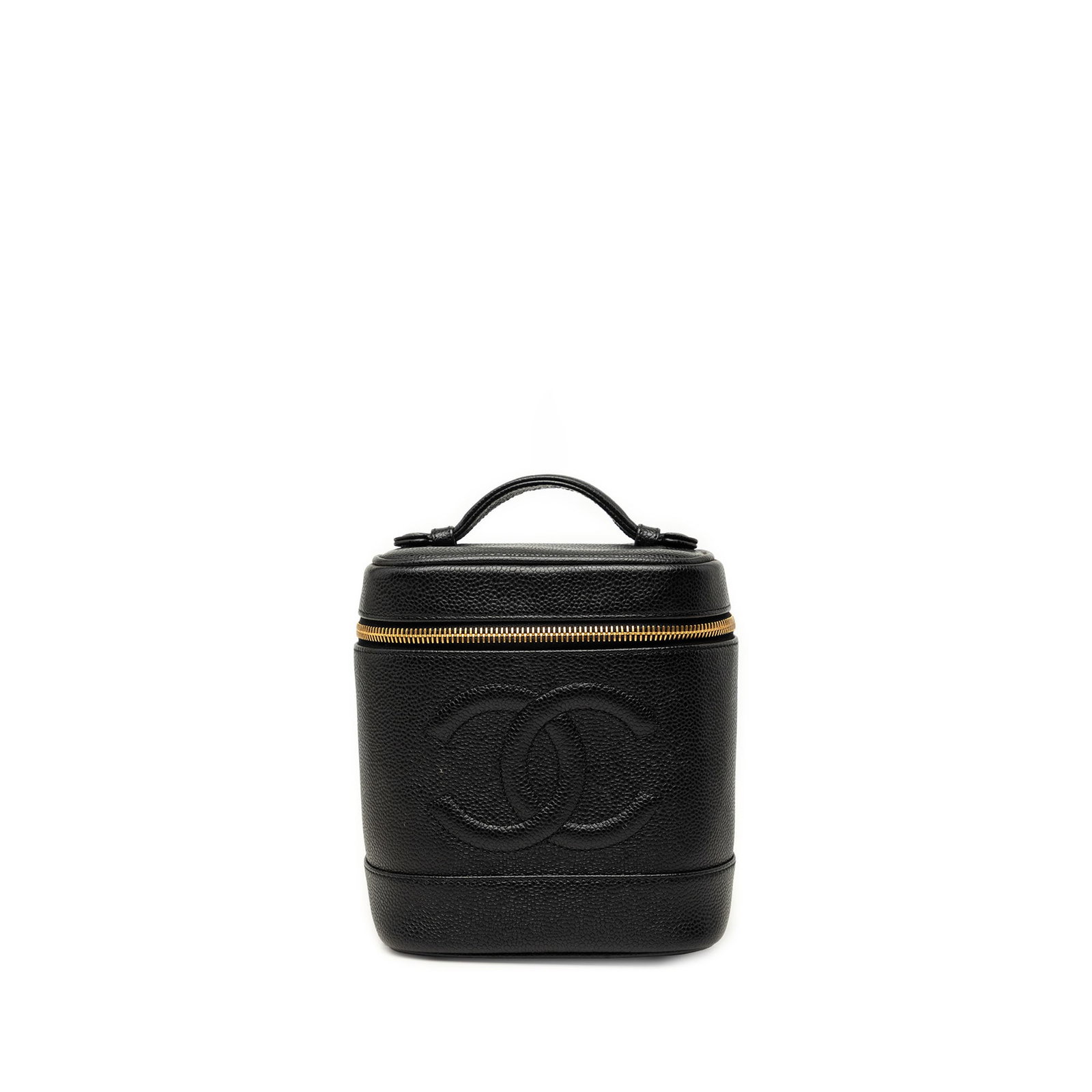 Chanel CC Vanity Case Black Caviar Leather Bag: Chanel CC Vanity Case Black Caviar Leather Bag A Chanel CC Caviar Vanity Case crafted in black caviar leather. This vanity bag features a flat leather top handle, a zip-around closure, and an interior