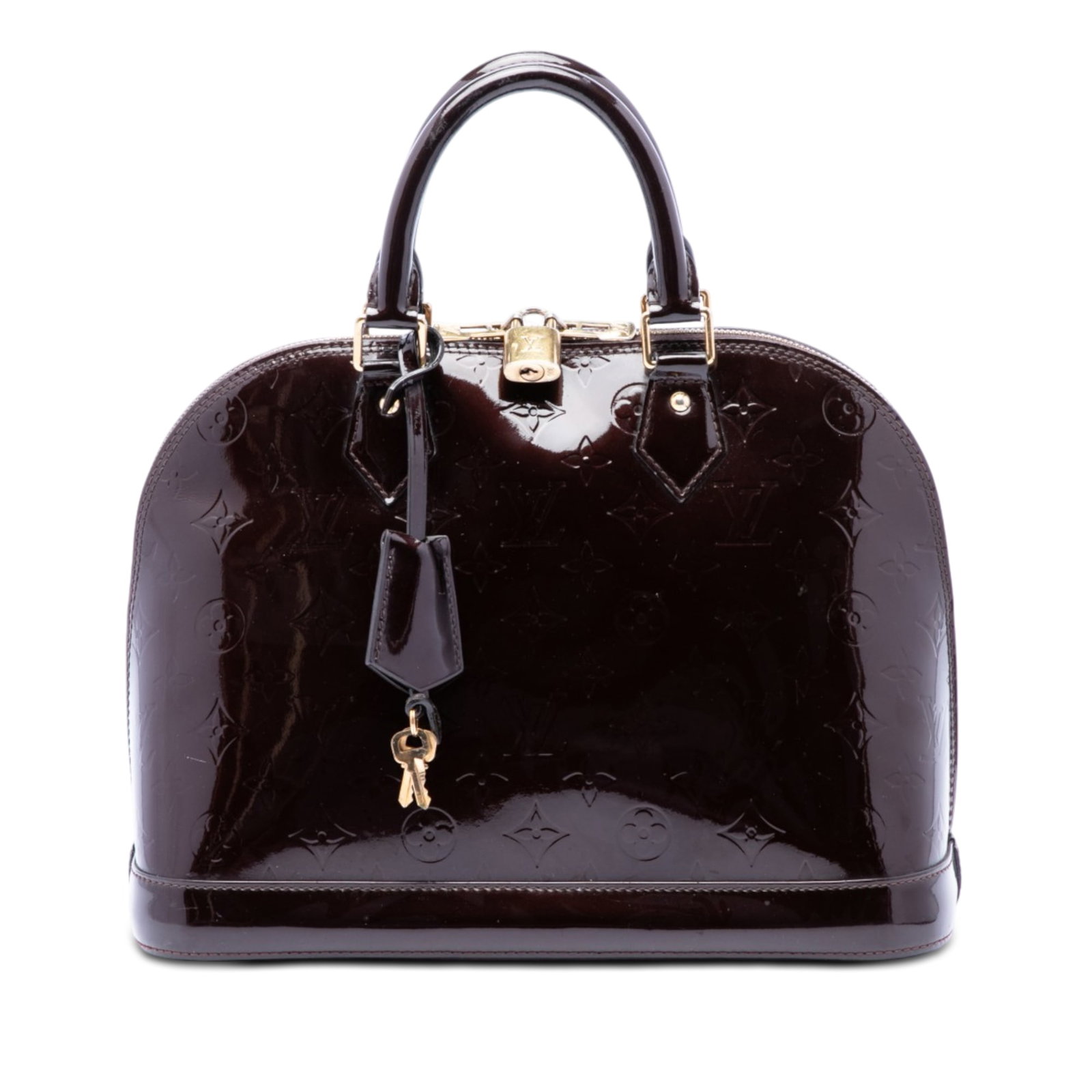 Louis Vuitton Alma PM Monogram Vernis Leather Handbag: Louis Vuitton Alma PM Monogram Vernis Leather Handbag A structured Louis Vuitton Alma PM handbag in Monogram Vernis leather with rolled leather handles, a top zip closure, and interior slip pockets. M