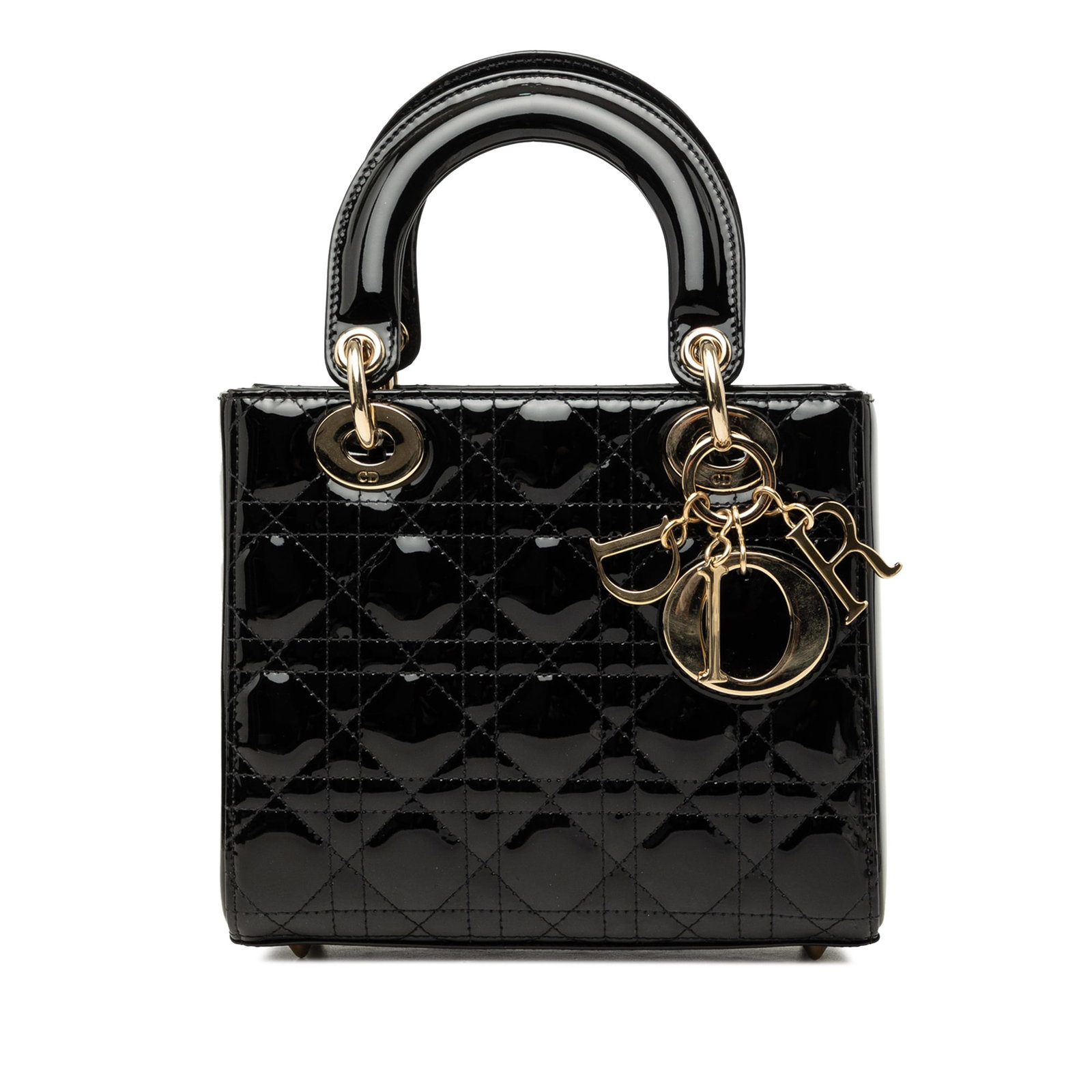 Dior Lady Dior Small Cannage Patent Leather Handbag: Dior Lady Dior Small Cannage Patent Leather Handbag A small Lady Dior handbag crafted in black patent leather with the signature Cannage quilted design. It features flat top handles, a top zip closure