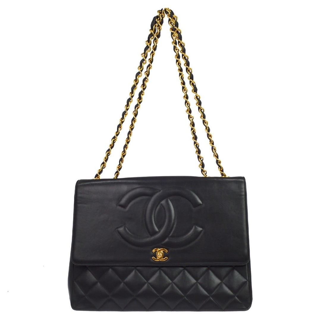 CHANEL Jumbo CC Double Chain Shoulder Bag Black Lambskin: CHANEL Jumbo CC Double Chain Shoulder Bag Black Lambskin Vintage Chanel Classic Flap Maxi Jumbo shoulder bag in black lambskin leather with matelasse quilting and a turn-lock closure. This large shoul