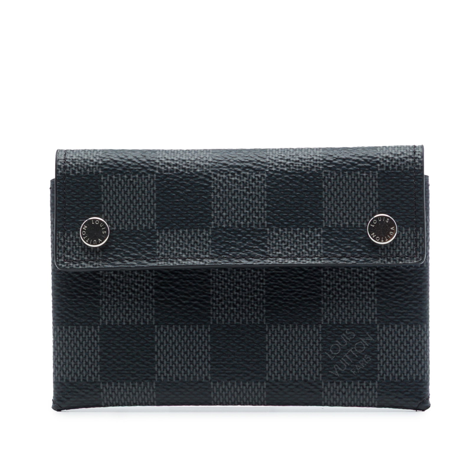 Louis Vuitton Damier Graphite snap flap compact wallet: Louis Vuitton Damier Graphite snap flap compact wallet Compact Louis Vuitton wallet in Damier Graphite canvas with a front flap and snap button closures. The interior includes a slip pocket. Condition