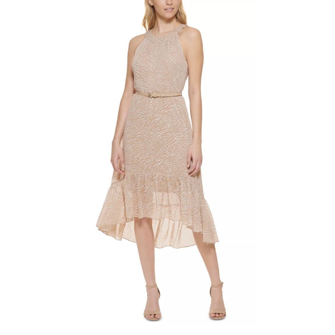 Tommy Hilfiger Sleeveless Halter Midi Dress Beige Fit & Flare with Belt (1 of 3)