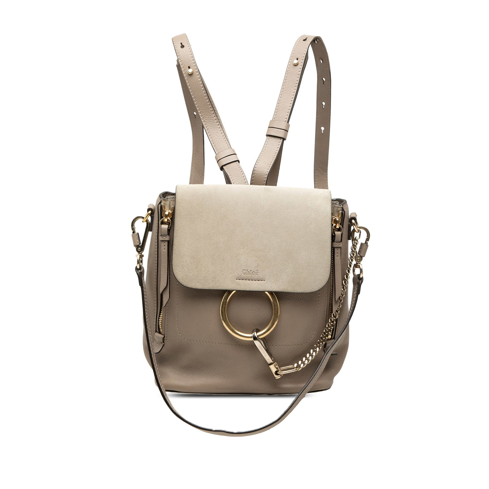 Chloe Faye Small Backpack in Calfskin and Suede: Chloe Faye Small Backpack in Calfskin and Suede A Chloe Faye backpack crafted in calfskin and suede with a compact silhouette. It features adjustable flat leather back straps, a detachable flat leathe