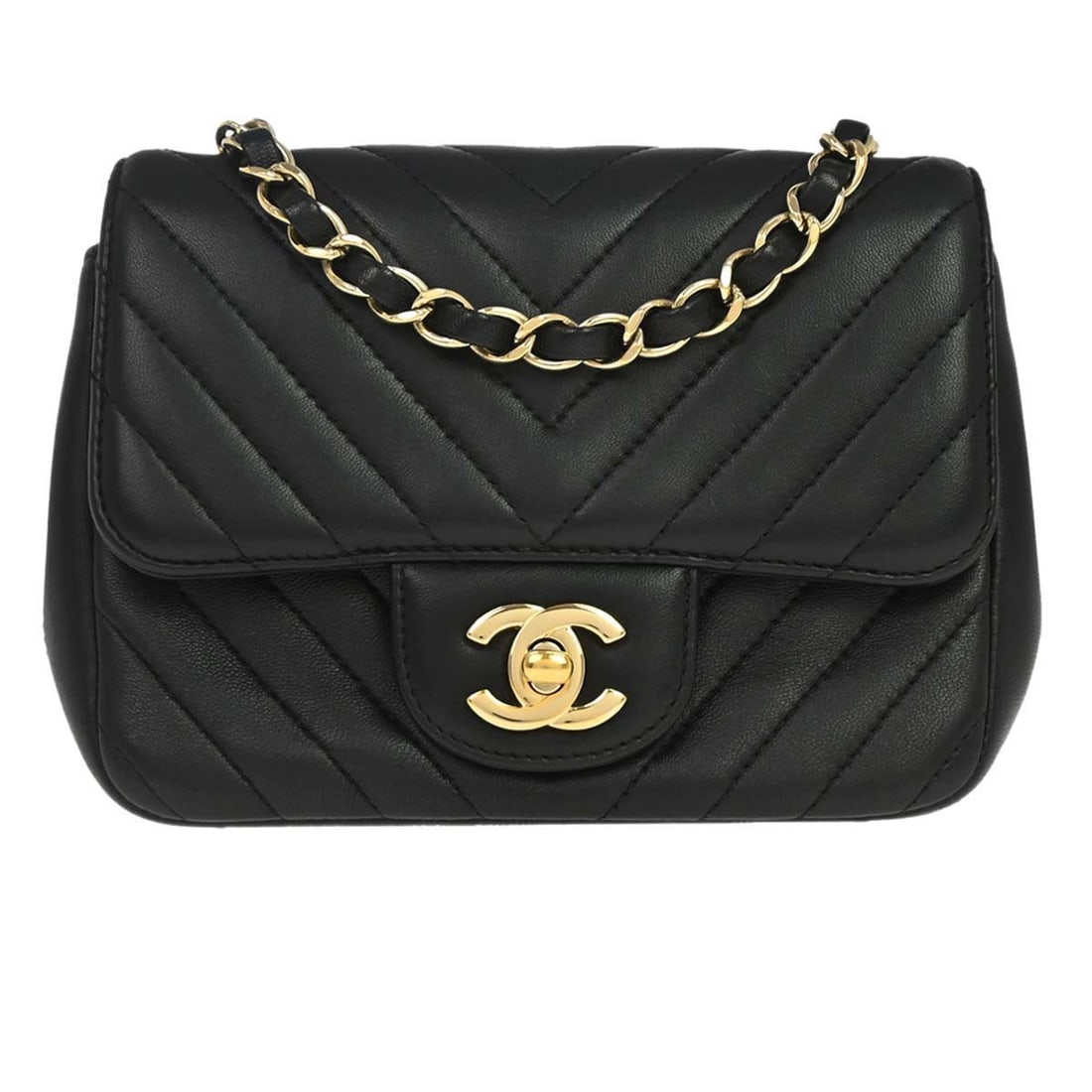 CHANEL Classic Flap Mini Square Shoulder Bag Black Lambskin: CHANEL Classic Flap Mini Square Shoulder Bag Black Lambskin Chanel Classic Flap Mini Square shoulder bag in black lambskin leather with a chevron matelasse quilted design and flap turnlock closure. Th