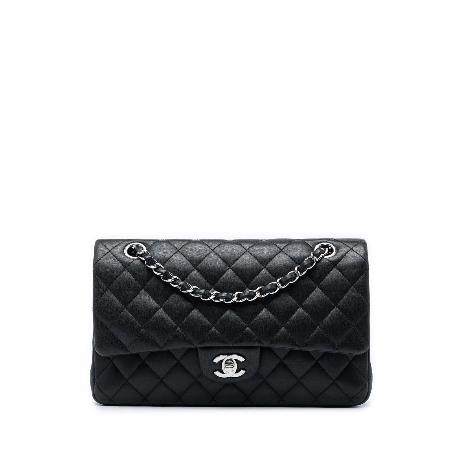 Chanel Medium Classic Double Flap Shoulder Bag Black Lambskin: Chanel Medium Classic Double Flap Shoulder Bag Black Lambskin A Chanel Medium Classic Lambskin Double Flap shoulder bag in black quilted lambskin. This design features a back slip pocket, leather-wove