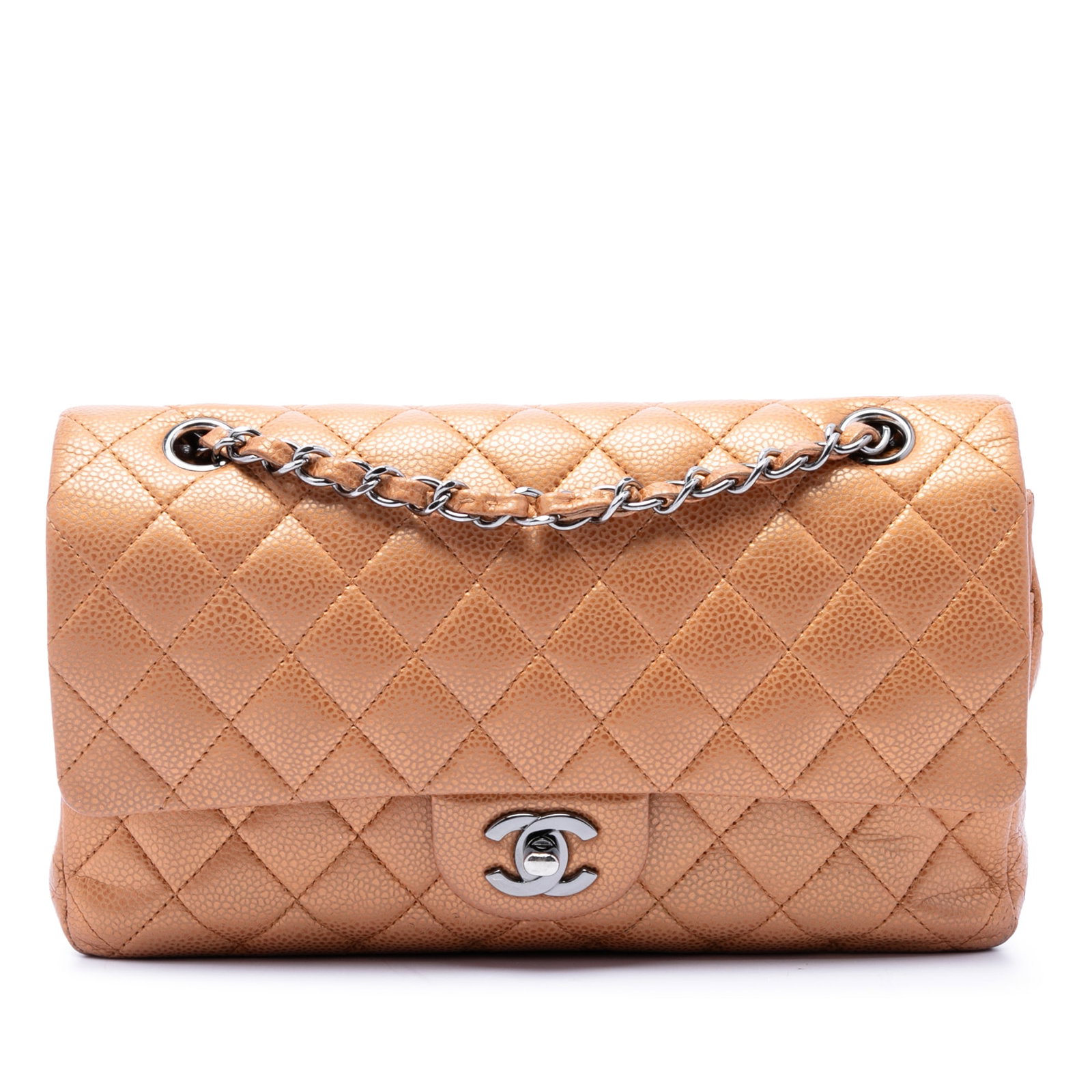 Chanel Medium Classic Double Flap Shoulder Bag Metallic Caviar Leather: Chanel Medium Classic Double Flap Shoulder Bag Metallic Caviar Leather A Chanel Medium Classic Metallic Caviar Double Flap shoulder bag crafted in brown metallic caviar leather. It features quilted co