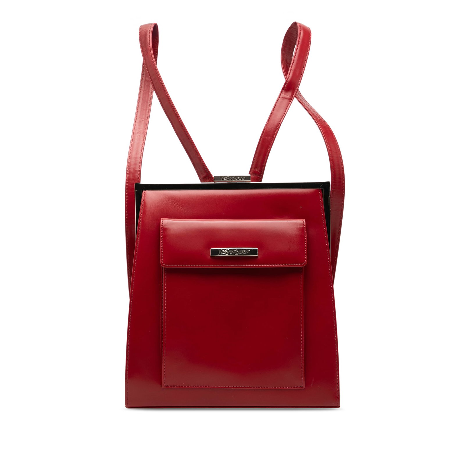 Red Leather Backpack Saint Laurent Frame Flap Pocket: Red Leather Backpack Saint Laurent Frame Flap Pocket Saint Laurent Leather Frame Backpack in red leather with an exterior front flap pocket, adjustable flat back straps, a top clasp closure, and inter