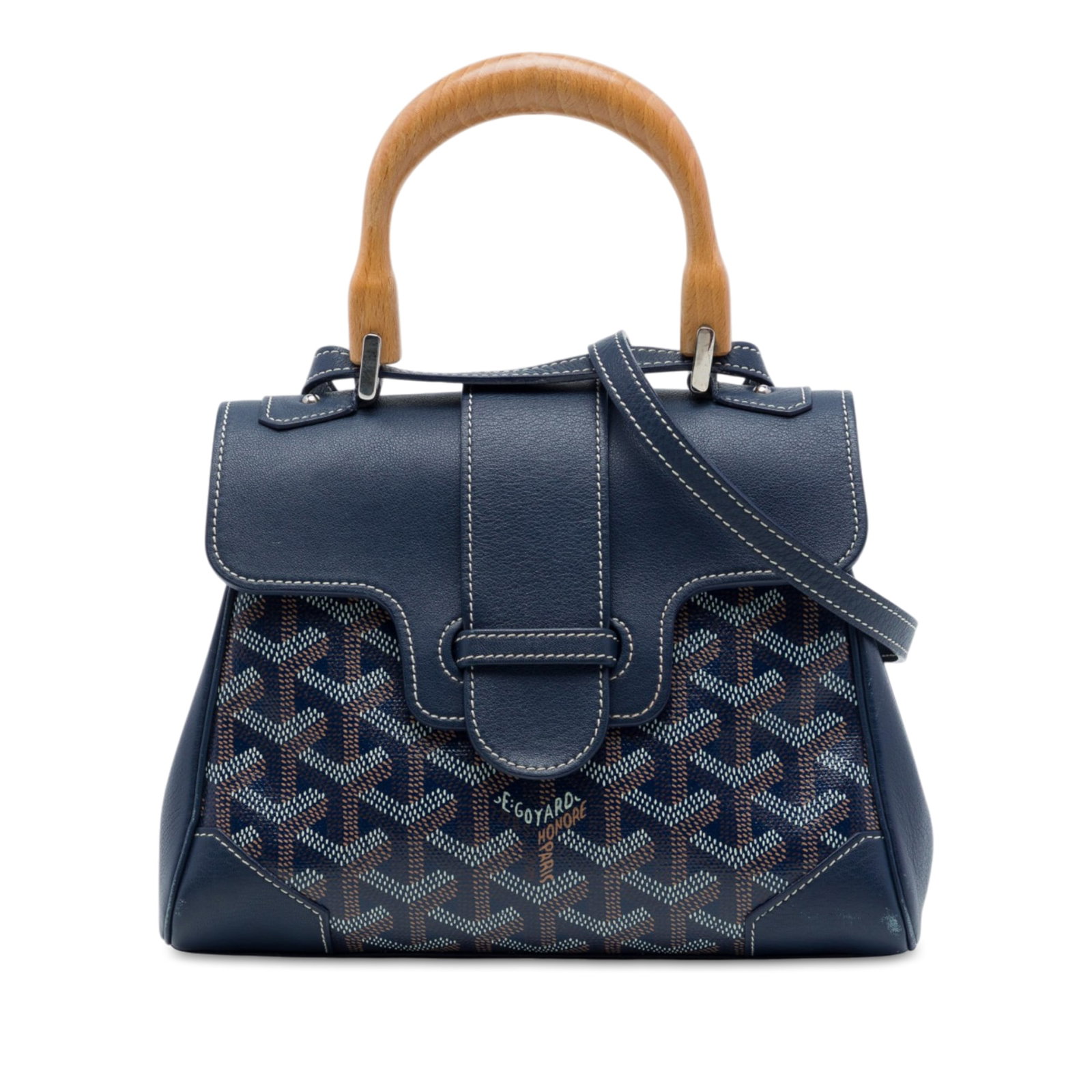 Goyard Mini Saigon Structured Blue Coated Canvas Bag: Goyard Mini Saigon Structured Blue Coated Canvas Bag A structured Mini Goyardine Saigon bag in blue with a coated canvas body, leather trim, a wooden top handle, and a detachable flat leather strap. T