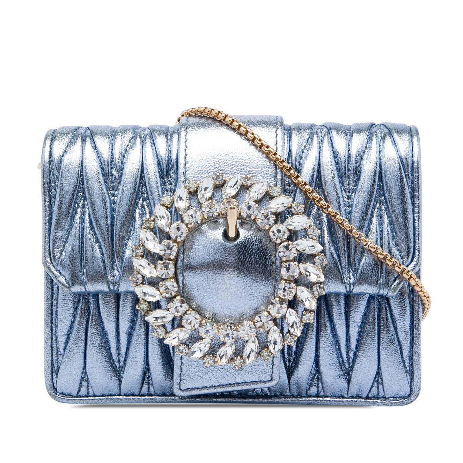 Miu Miu Mini Matelasse Blue Leather Crystal Flap Crossbody: Miu Miu Mini Matelasse Blue Leather Crystal Flap Crossbody A compact Miu Miu Mini Matelasse Metallic Nappa crossbody bag with crystal embellishments and a quilted leather body. It features a gold tone