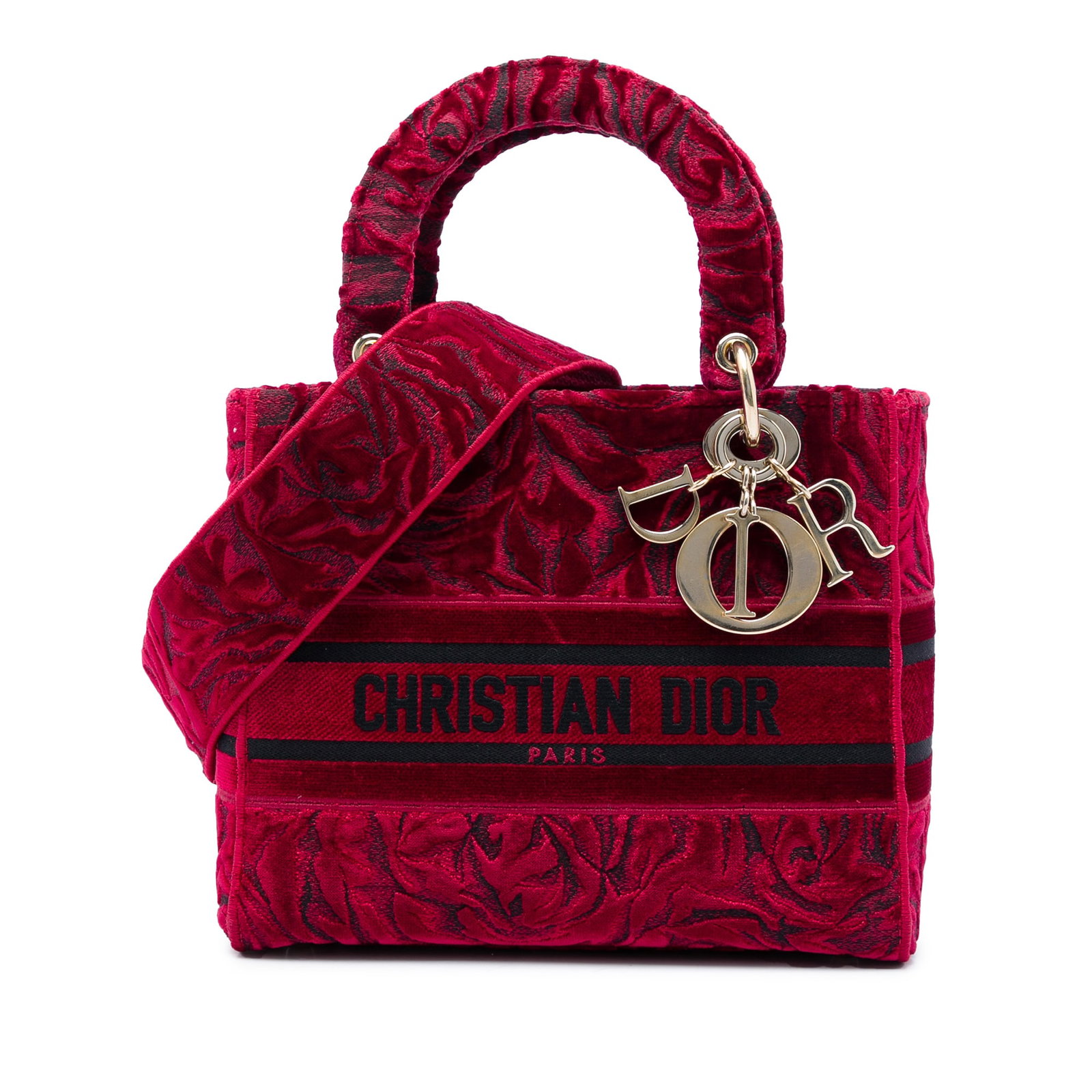 Dior Lady D Lite Medium Red Velvet Embroidered Bag: Dior Lady D Lite Medium Red Velvet Embroidered Bag A Dior Lady D-Lite medium bag in red embroidered velvet with a structured silhouette and signature top-handle design. It features flat handles, a det
