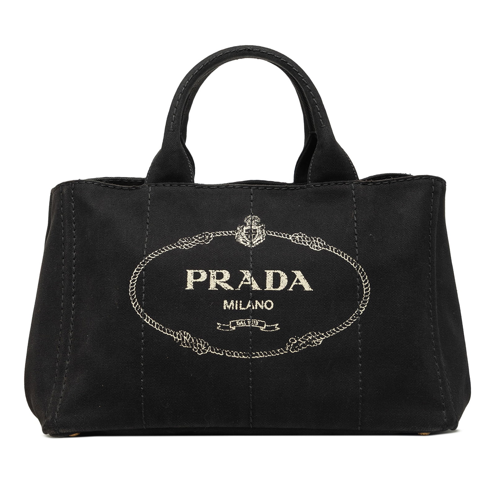 Prada Canapa Canvas Satchel Tote Black: Prada Canapa Canvas Satchel Tote Black Prada Canvas Canapa Logo Tote in black fabric with rolled handles, an open top, and interior zip and slip pockets. Made in India. Condition: B+ with visible wear