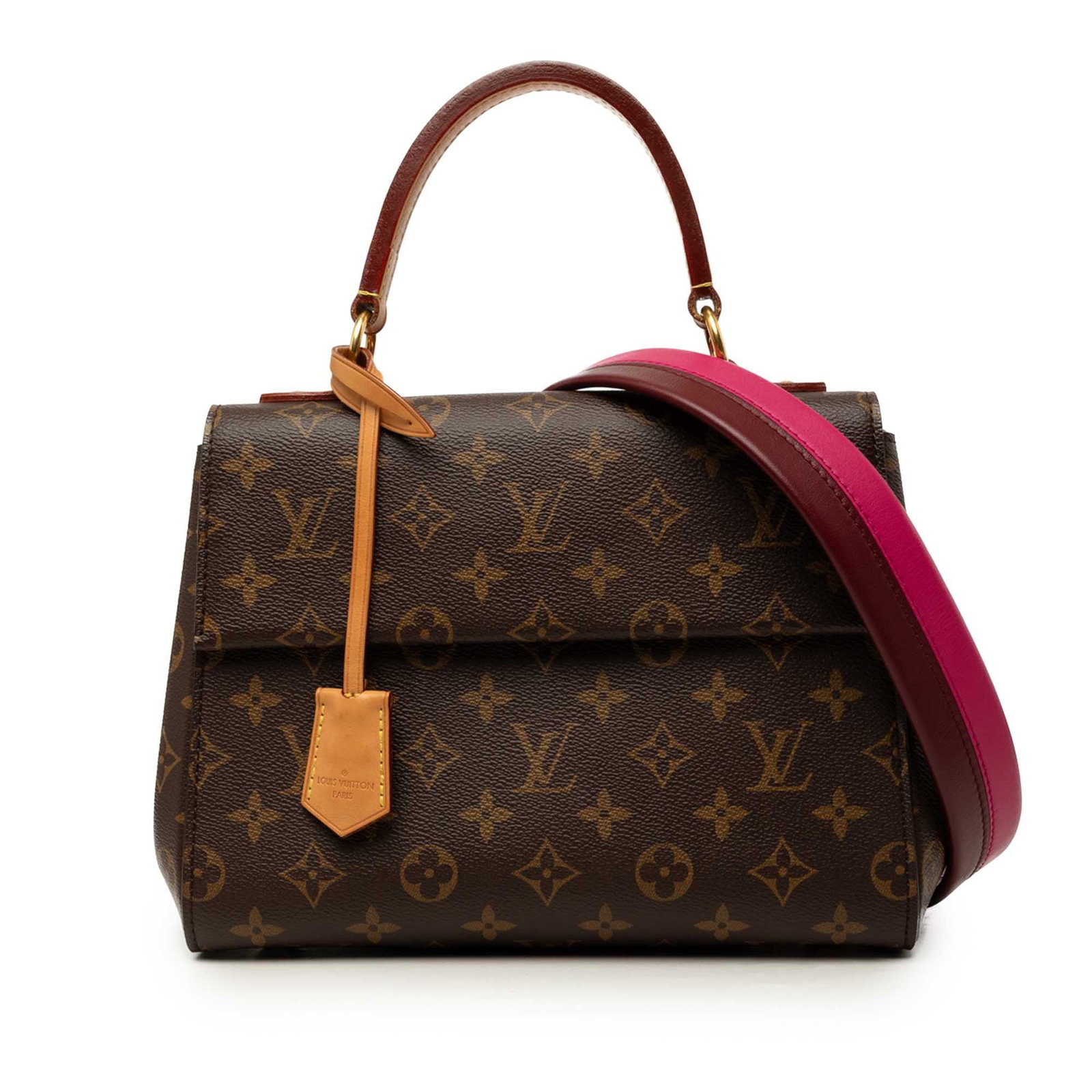 Louis Vuitton Cluny BB Monogram Canvas Top Handle Bag: Louis Vuitton Cluny BB Monogram Canvas Top Handle Bag The Louis Vuitton Monogram Cluny BB is a structured handbag with the brand's monogram canvas body, a flat vachetta leather top handle, and a detac