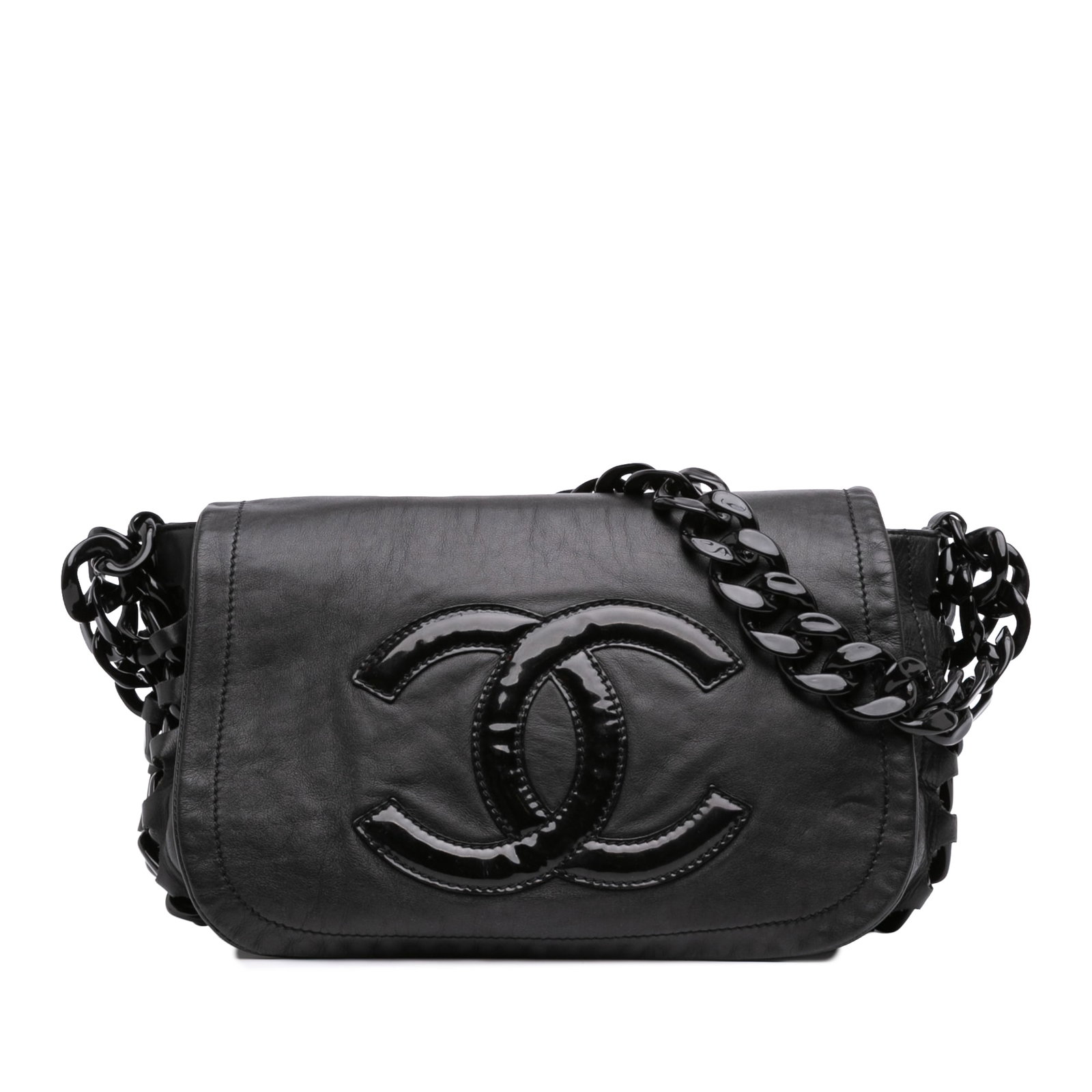 Chanel Modern Chain Rhodoid Flap Shoulder Bag Black Calfskin: Chanel Modern Chain Rhodoid Flap Shoulder Bag Black Calfskin A Chanel Calfskin Modern Chain Rhodoid Flap shoulder bag in black leather with a chain link strap and front flap with top magnetic snap clo