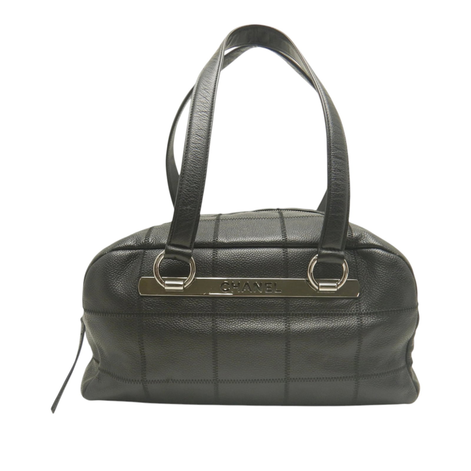 Chanel Chocolate Bar Black Caviar Leather Shoulder Bag: Chanel Chocolate Bar Black Caviar Leather Shoulder Bag Chanel Chocolate Bar Caviar Shoulder Bag in black caviar leather. This shoulder bag features flat leather shoulder straps, a top zip closure, an 