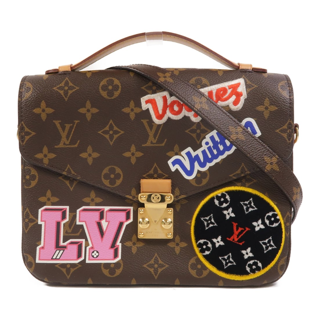 Louis Vuitton Pochette Metis MM Monogram Patch 2 Way Shoulder Bag M43991: Louis Vuitton Pochette Metis MM Monogram Patch 2 Way Shoulder Bag M43991 Louis Vuitton Pochette Metis MM 2-way bag in brown Monogram patch and PVC coated canvas. This women's bag features a top handle