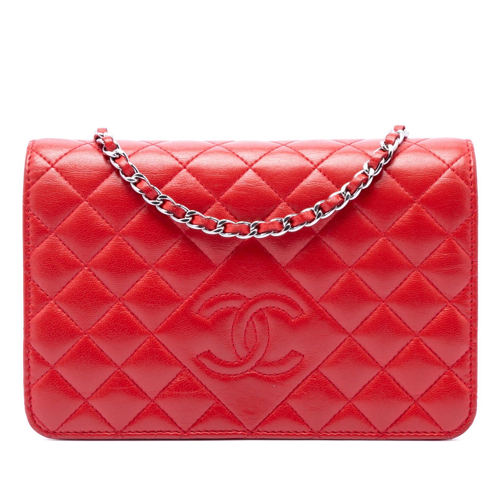 Chanel Red Quilted Lambskin Chain Wallet: Chanel Red Quilted Lambskin Chain Wallet This Chanel Stitched CC Quilted Lambskin Wallet on Chain is crafted from quilted lambskin leather in a striking red hue. The design features a flap with snap c