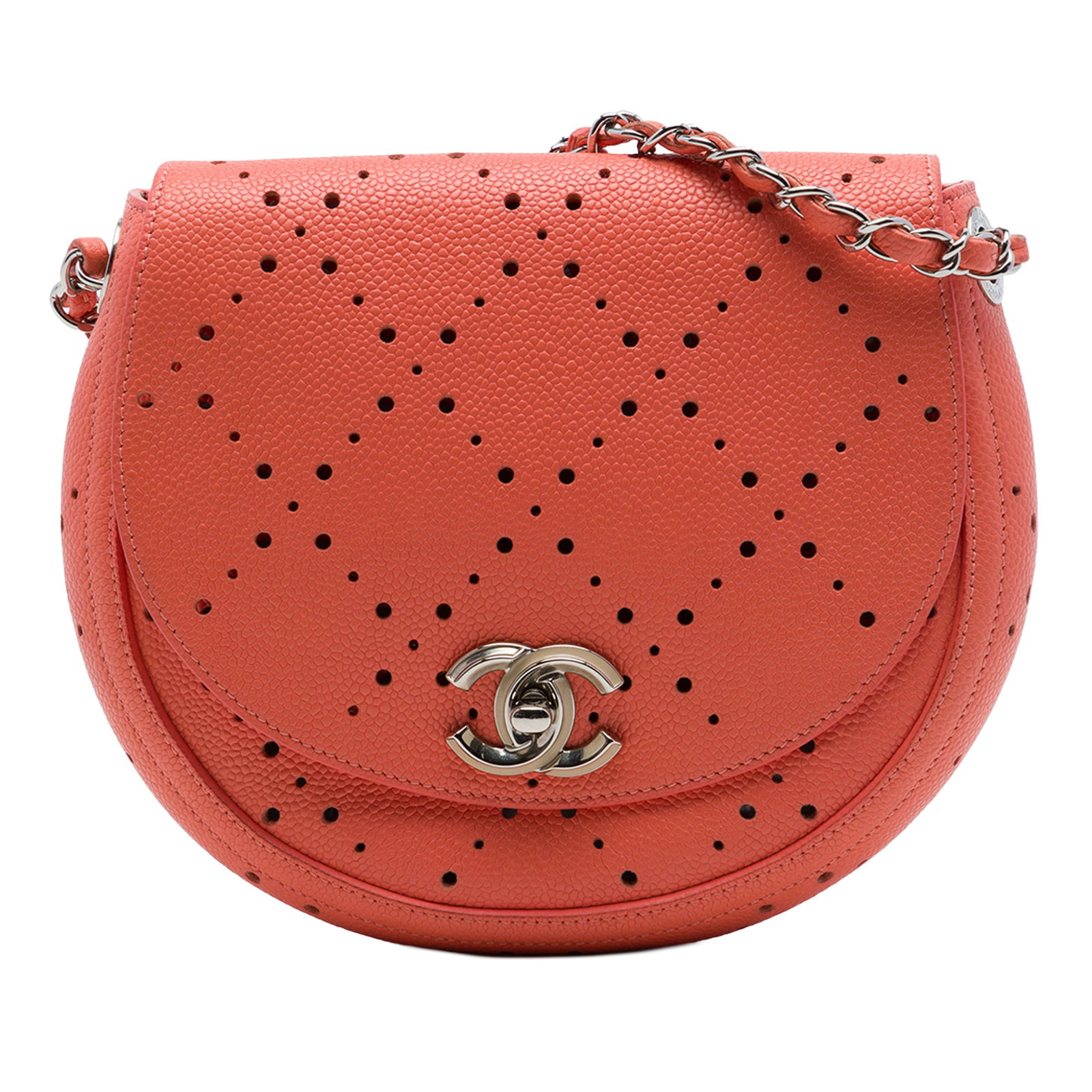 Chanel Small CC Messenger Flap Perforated Caviar Crossbody: Chanel Small CC Messenger Flap Perforated Caviar Crossbody A Chanel Small CC Perforated Caviar Messenger Flap crossbody bag crafted in orange perforated leather with a diamond pattern. It features a l