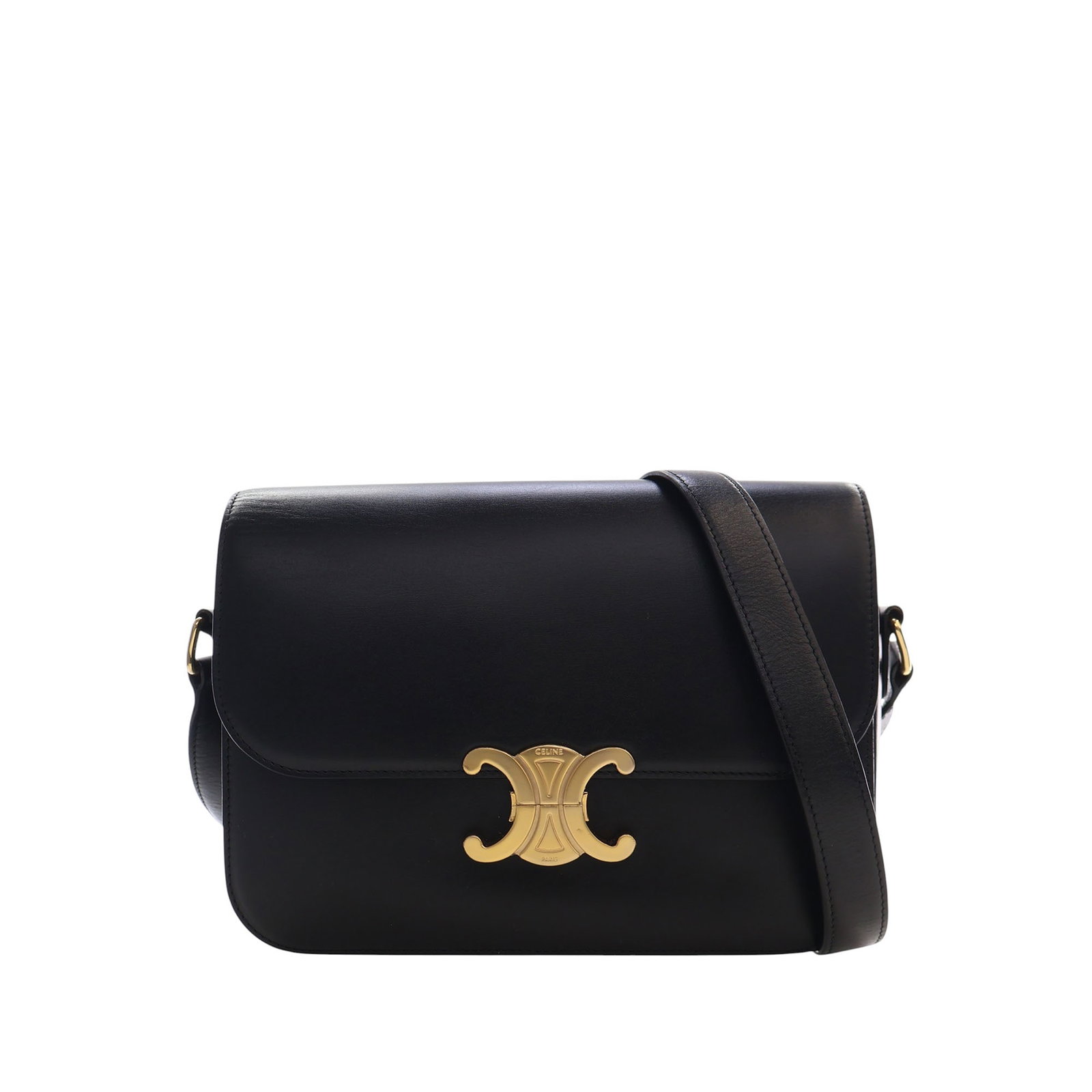 Celine Triomphe Classique Black Leather Crossbody Bag: Celine Triomphe Classique Black Leather Crossbody Bag A Celine Classique Shiny Calfskin Triomphe Crossbody in black leather with a structured flap-front design and push lock closure. The interior is o