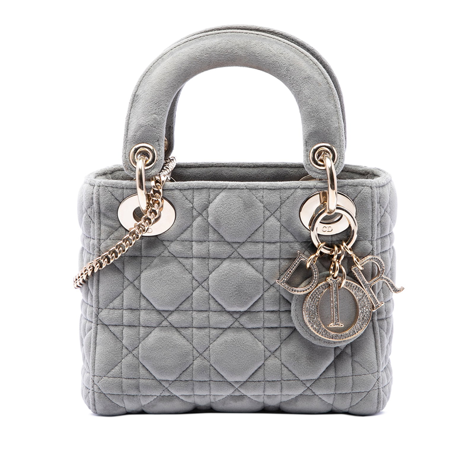 Dior Lady Dior Mini Cannage Velvet Bag Gray: Dior Lady Dior Mini Cannage Velvet Bag Gray A Dior Mini Lady Dior bag crafted in gray quilted velvet with the Cannage pattern. It features flat top handles, a detachable chain strap with a leather gua