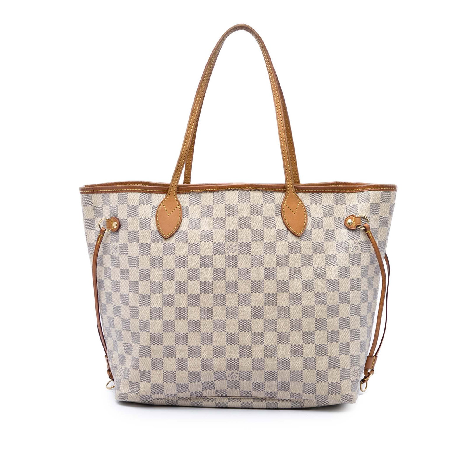 Louis Vuitton Neverfull MM Damier Azur tote bag: Louis Vuitton Neverfull MM Damier Azur tote bag Louis Vuitton Damier Azur Neverfull MM tote bag with a damier canvas body, vachetta leather trim, and flat vachetta leather handles. The open-top design