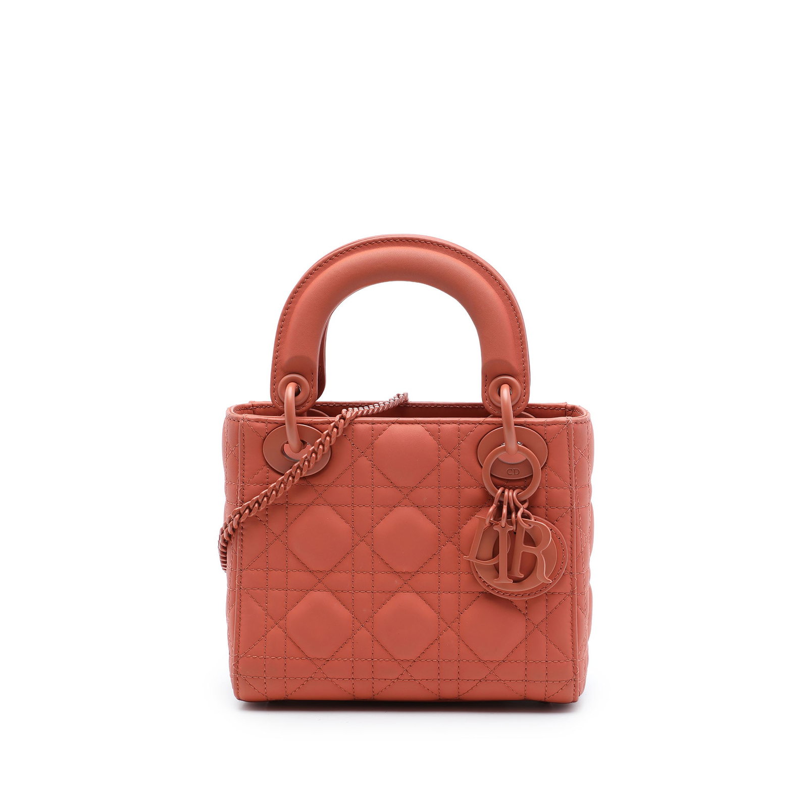 Dior Lady Dior Mini Ultra Matte Cannage Calfskin Bag: Dior Lady Dior Mini Ultra Matte Cannage Calfskin Bag Mini Lady Dior handbag in orange ultra matte calfskin with Cannage quilting. It features flat leather handles, a detachable chain link and leather 